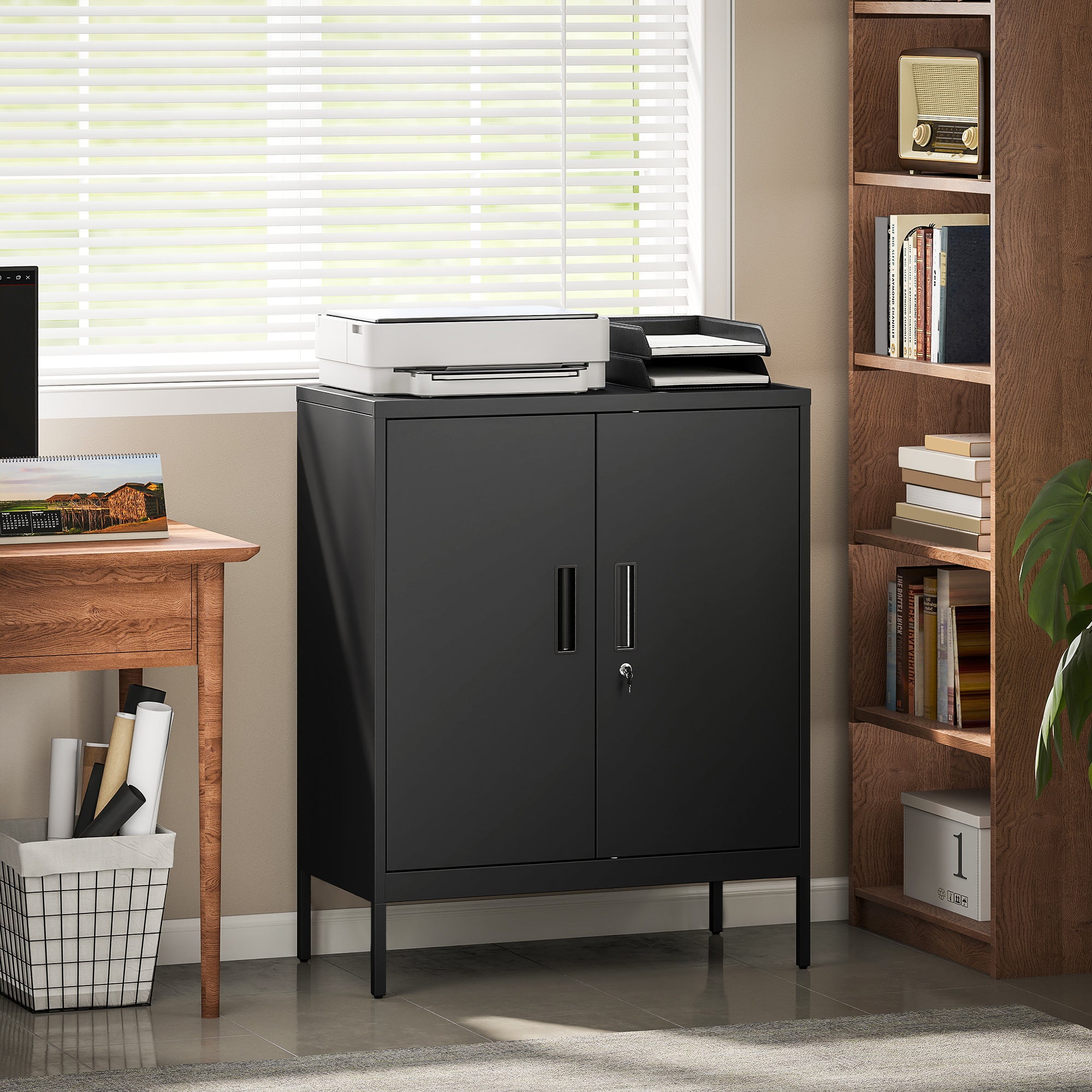 Armoire de Bureau Métallique, 80 x 40 x 100 cm, Meuble de Rangement en Acier avec Serrure, 2 Portes et 2 Étagères Réglables, Classeur Rangement Documents Industriel pour Bureau ou Garage, Noir