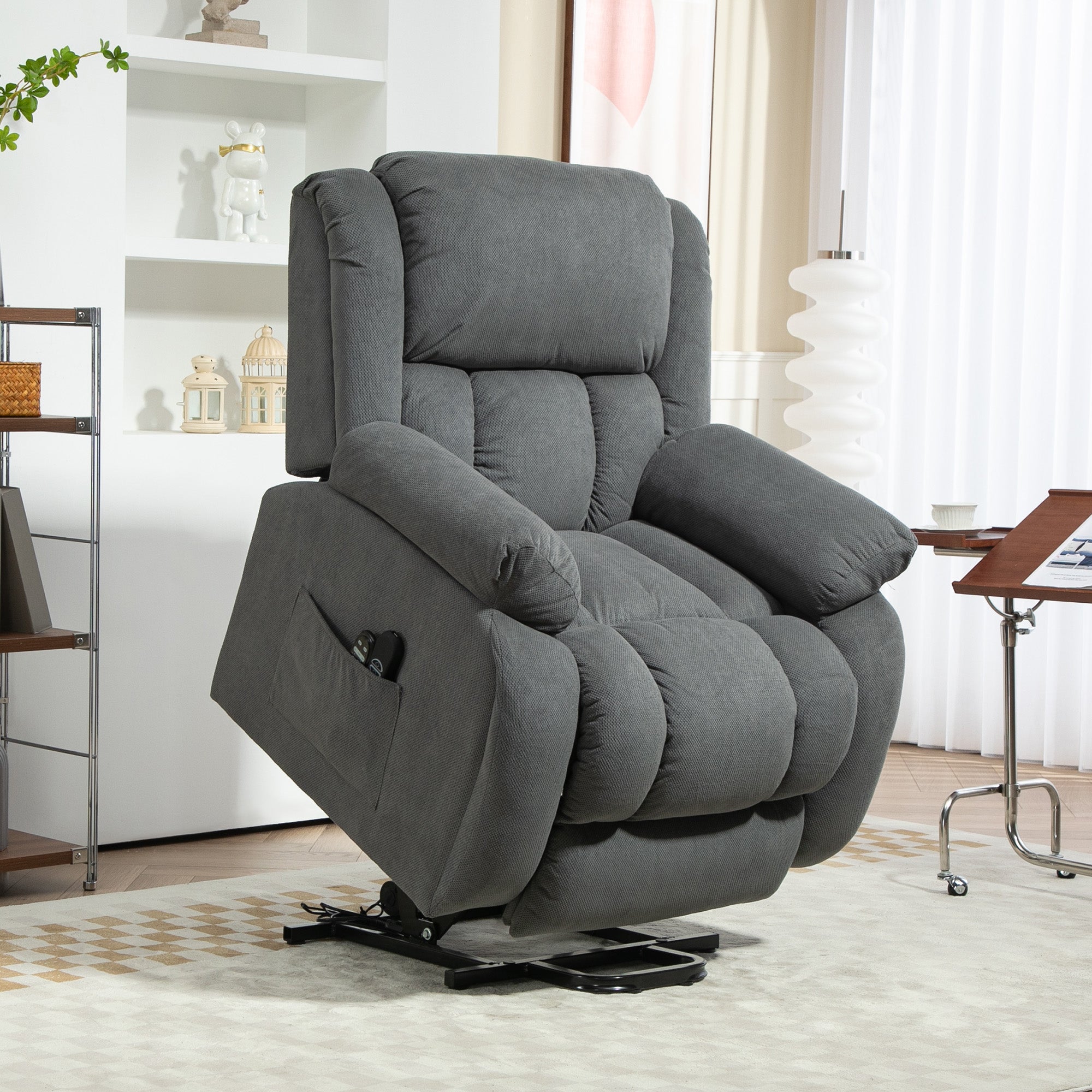 Fauteuil releveur électrique avec fonction massage et chauffage, fauteuil relax électrique avec dossier inclinable, ports USB, télécommande, repose-pied et poche latérale, gris