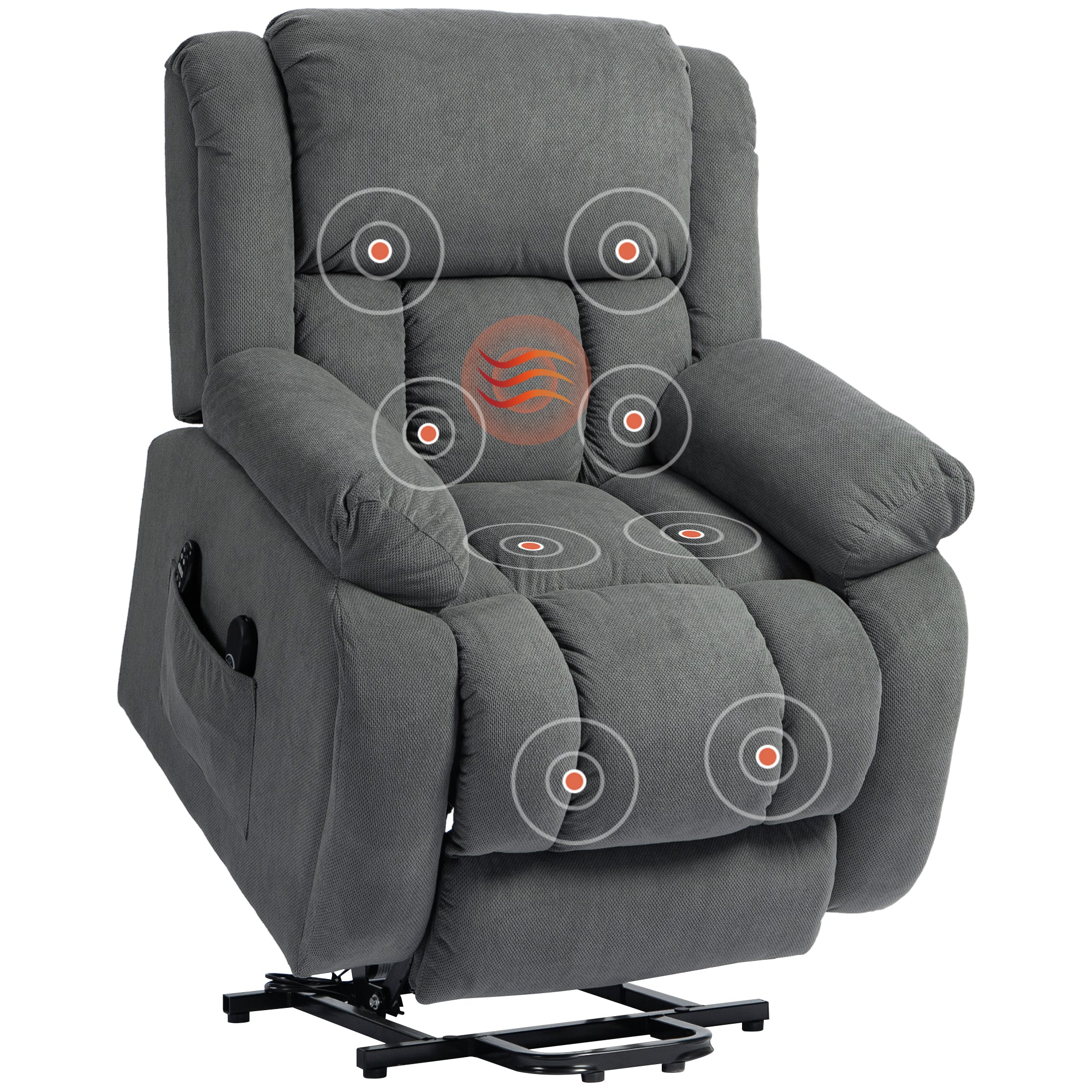 Fauteuil releveur électrique avec fonction massage et chauffage, fauteuil relax électrique avec dossier inclinable, ports USB, télécommande, repose-pied et poche latérale, gris