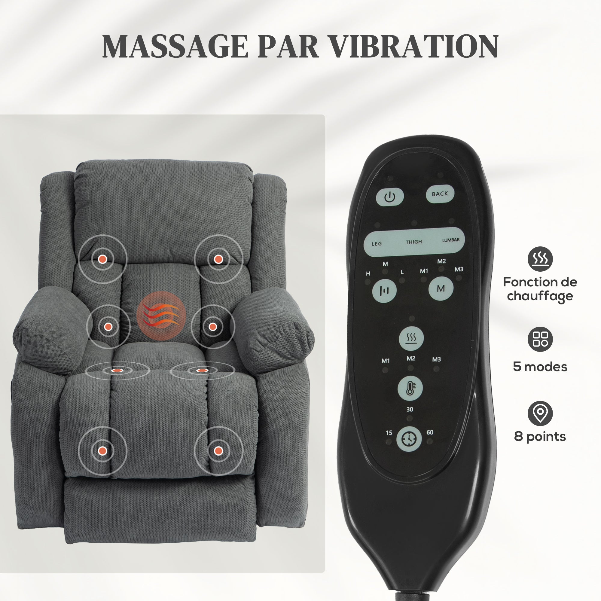 Fauteuil releveur électrique avec fonction massage et chauffage, fauteuil relax électrique avec dossier inclinable, ports USB, télécommande, repose-pied et poche latérale, gris