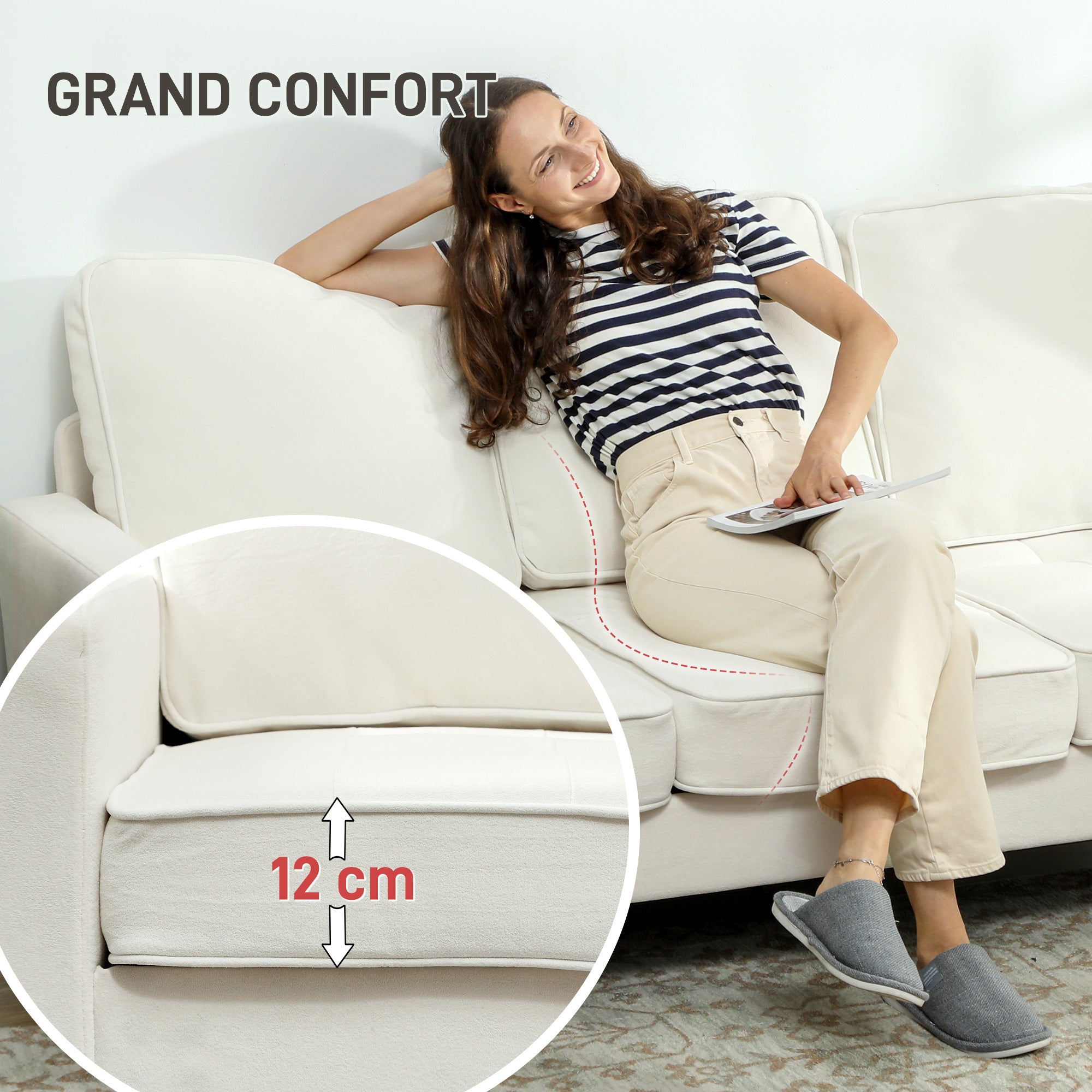 Canapé 3 places en velours, 185 cm, design moderne, canapé avec coussins épais, pieds en bois d'hévéa et assise capitonné, pour salon, chambre, bureau, crème