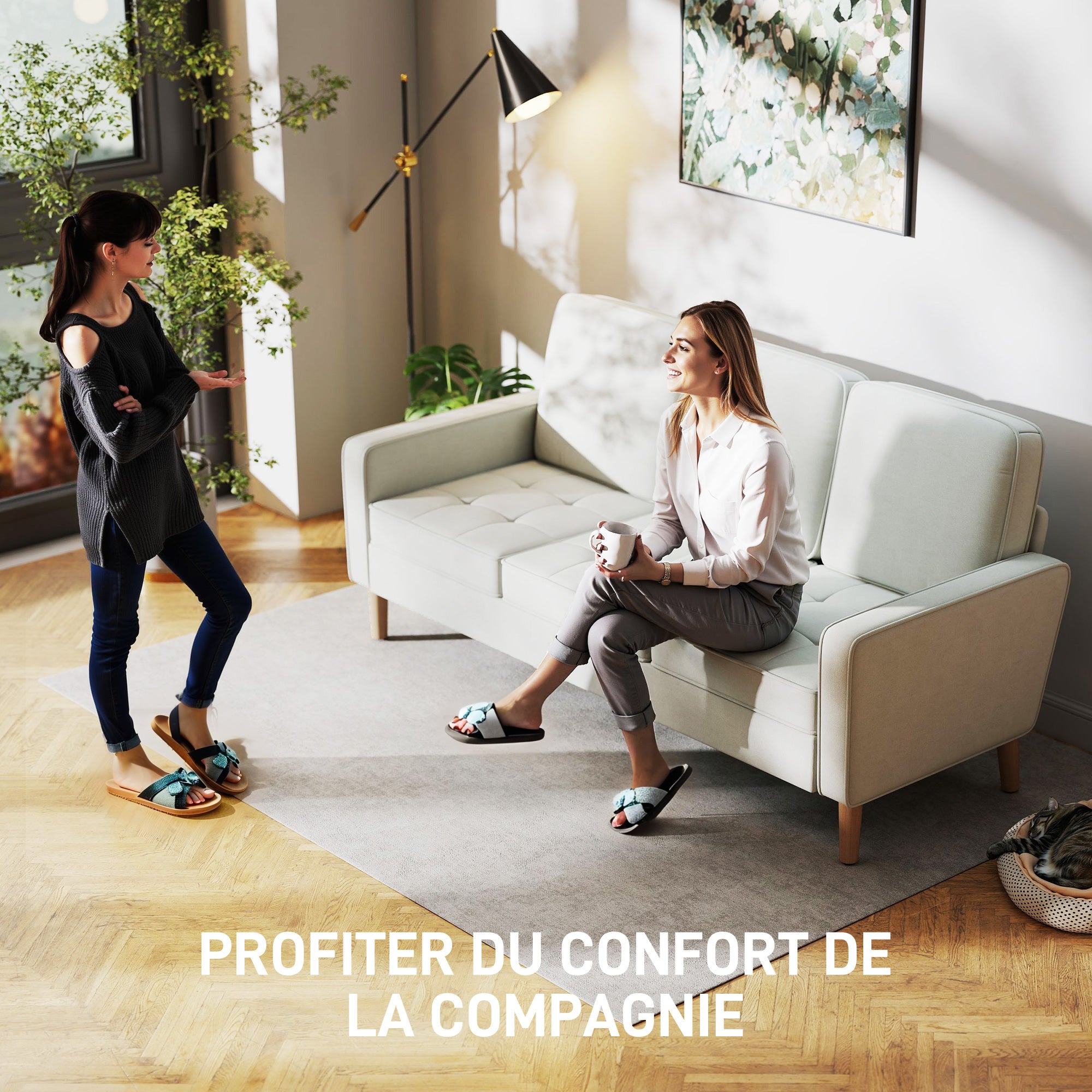 Canapé 3 places en velours, 185 cm, design moderne, canapé avec coussins épais, pieds en bois d'hévéa et assise capitonné, pour salon, chambre, bureau, crème