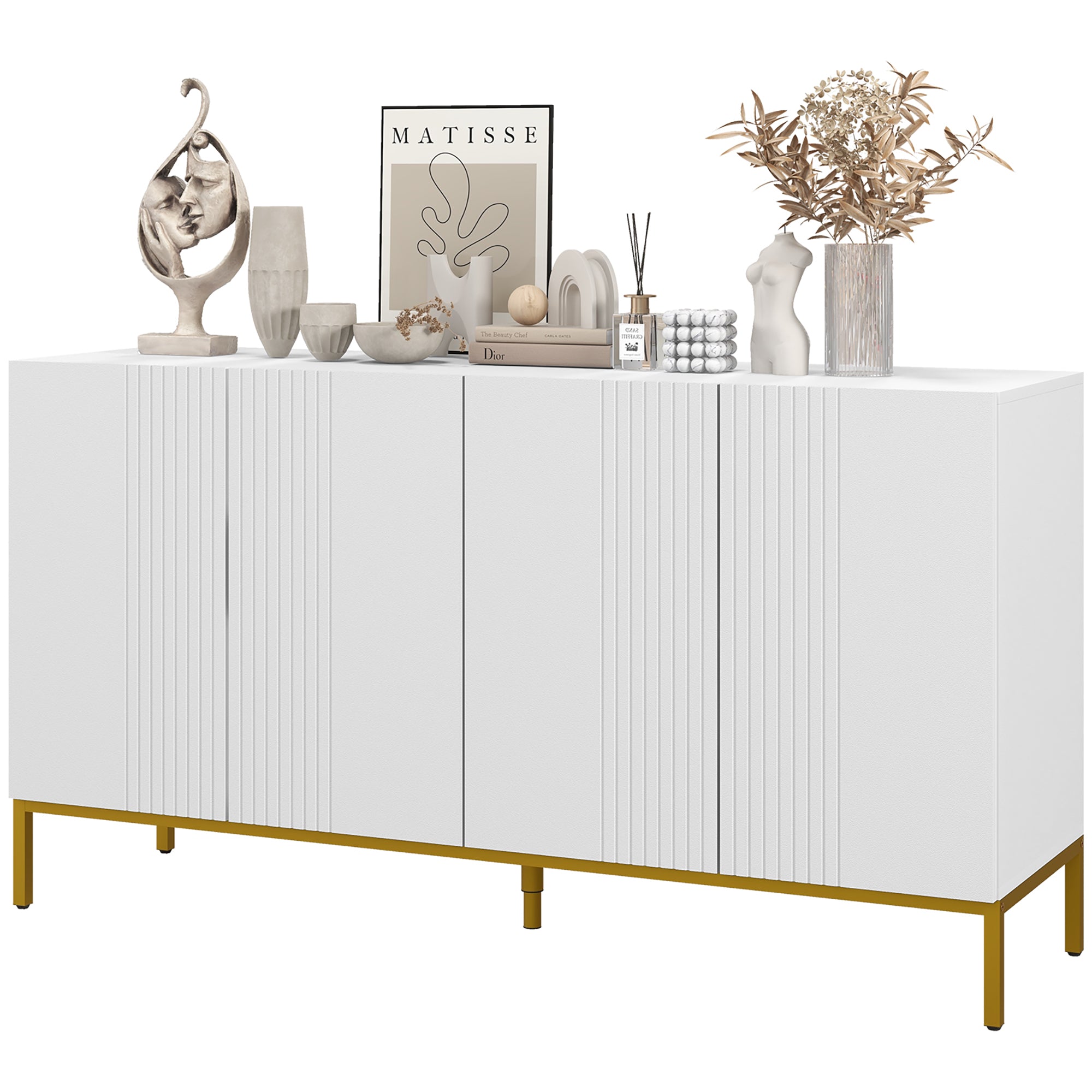 Buffet menuble de rangement design contemporain graphique 2 placards porte étagères réglables en bois blanc métal doré