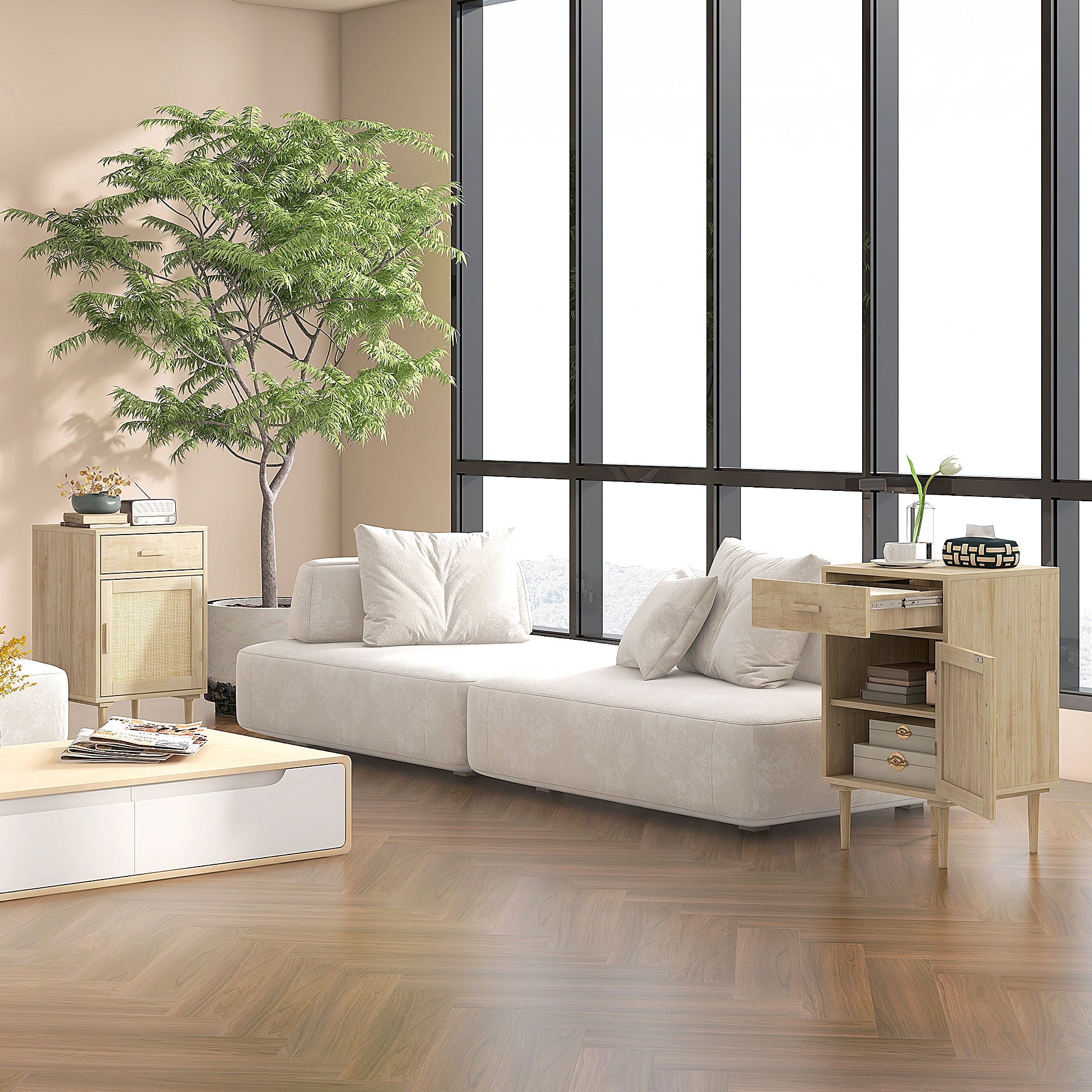 Table de chevet table d'appoint avec placard et étagère porte rotin tissé + 1 tiroir design bohème - 40 x 40 x 68,5 cm naturel