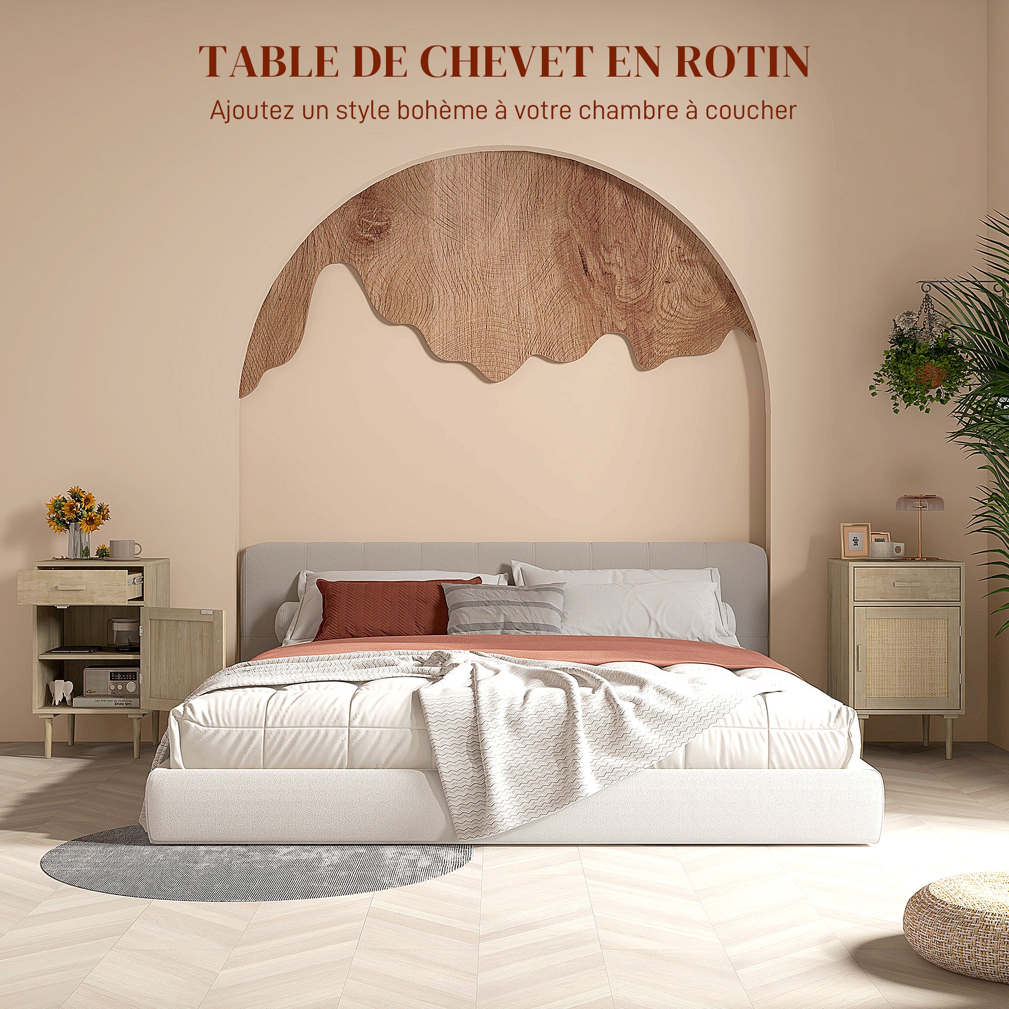 Table de chevet table d'appoint avec placard et étagère porte rotin tissé + 1 tiroir design bohème - 40 x 40 x 68,5 cm naturel