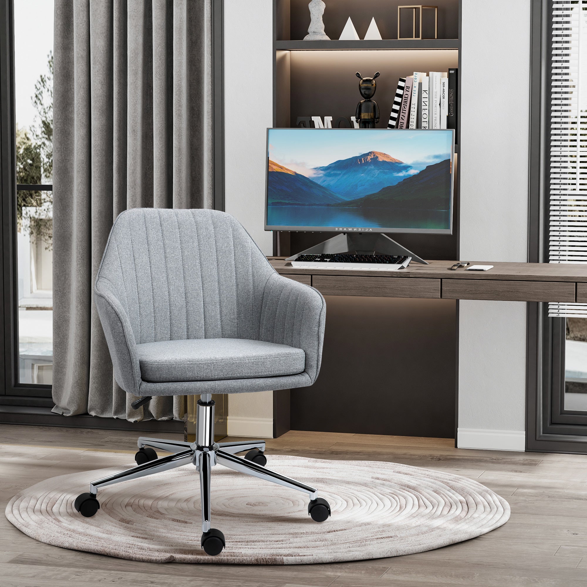 Chaise de bureau design contemporain dossier accoudoirs striés hauteur réglable pivotant 360° piètement chromé lin gris clair