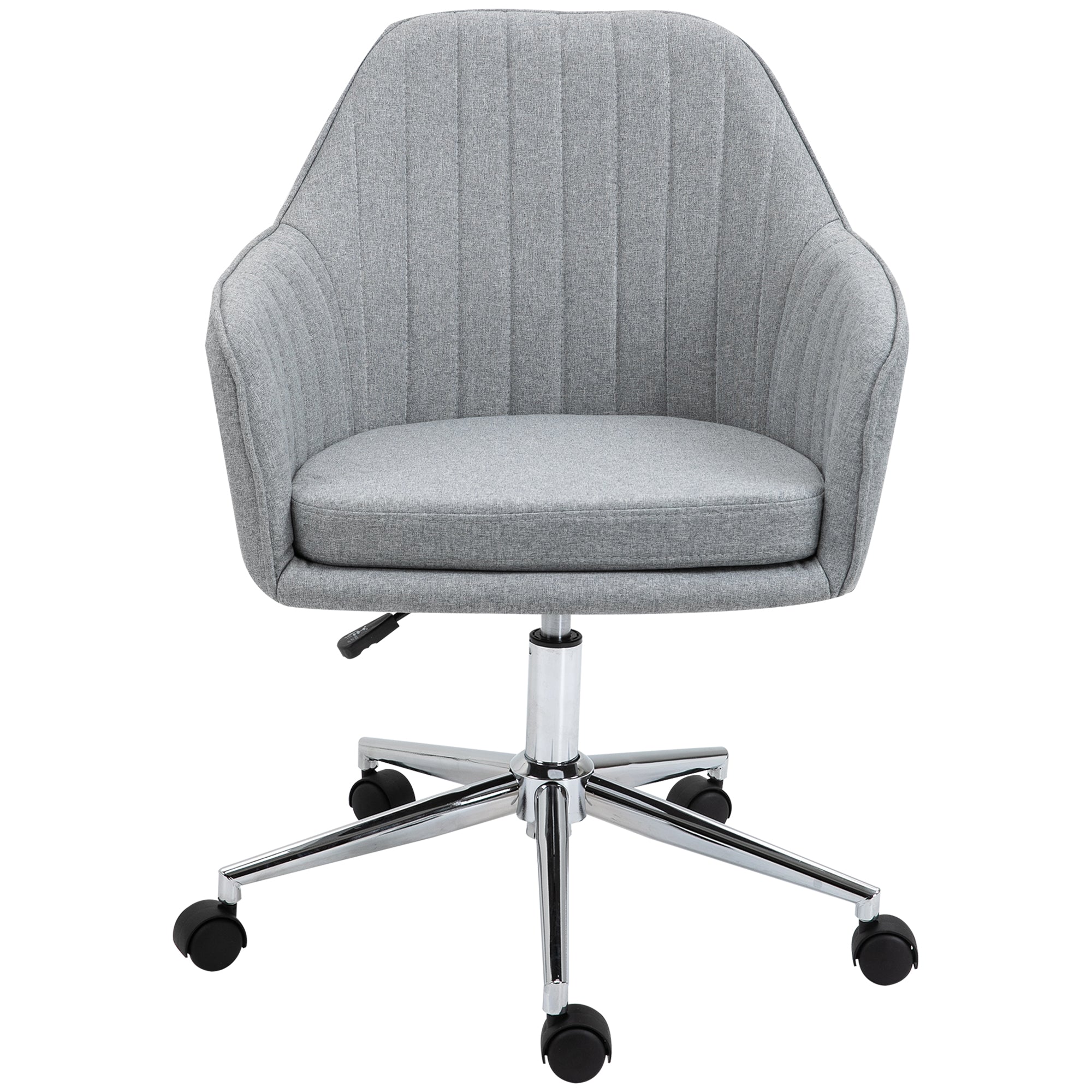 Chaise de bureau design contemporain dossier accoudoirs striés hauteur réglable pivotant 360° piètement chromé lin gris clair