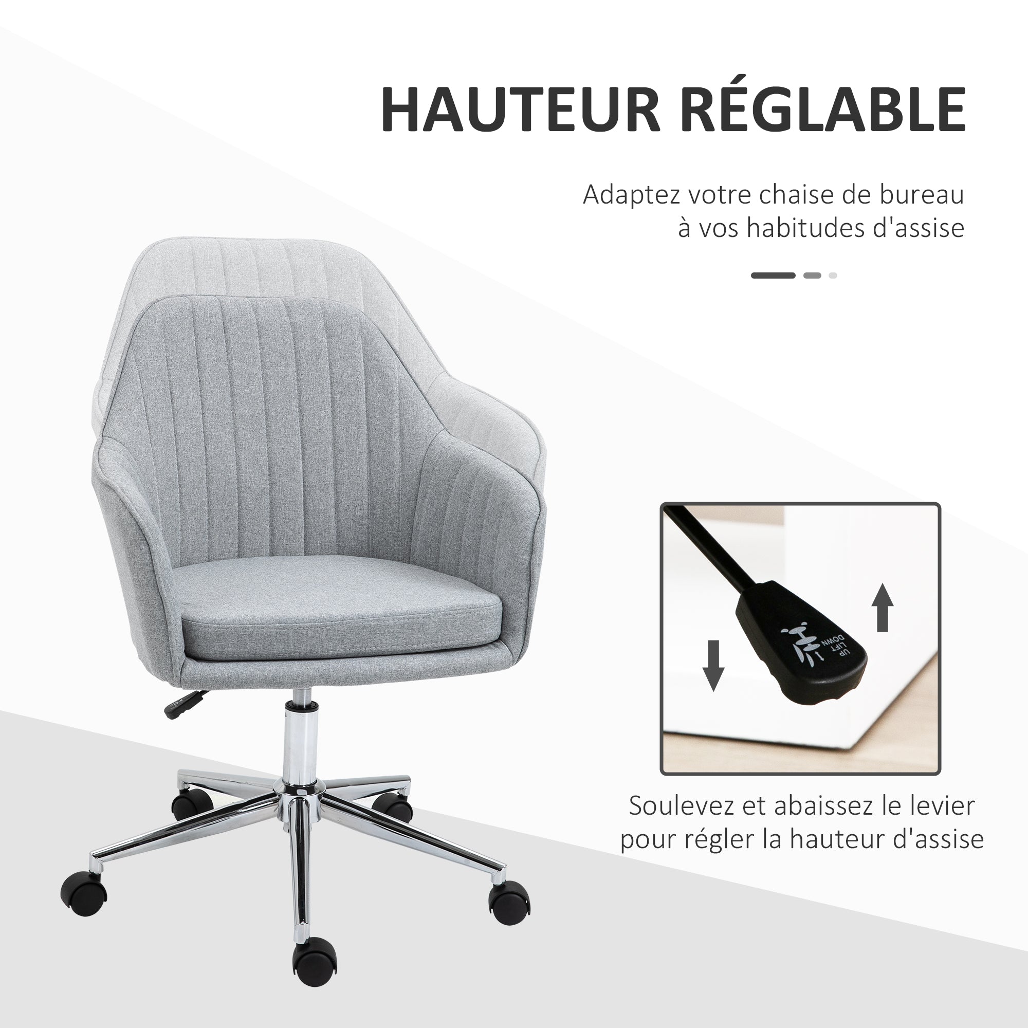 Chaise de bureau design contemporain dossier accoudoirs striés hauteur réglable pivotant 360° piètement chromé lin gris clair
