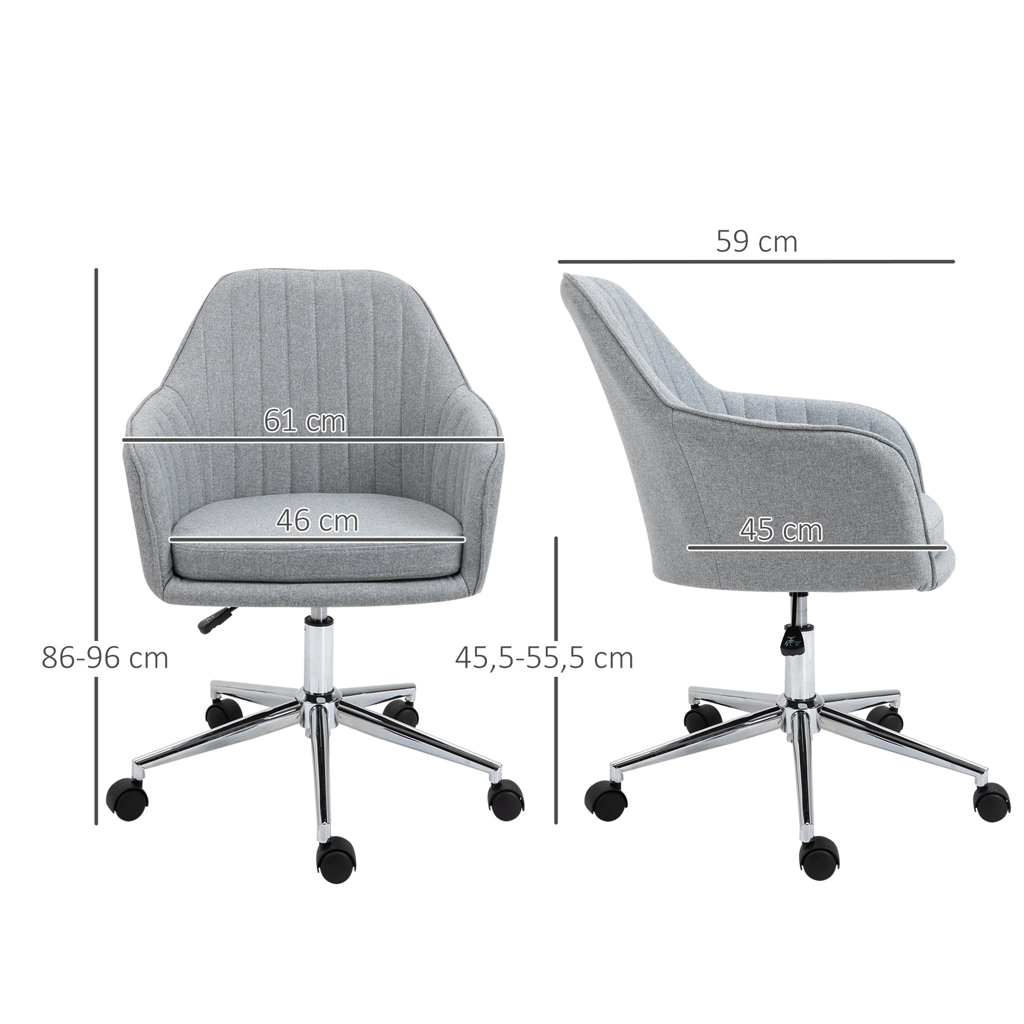 Chaise de bureau design contemporain dossier accoudoirs striés hauteur réglable pivotant 360° piètement chromé lin gris clair