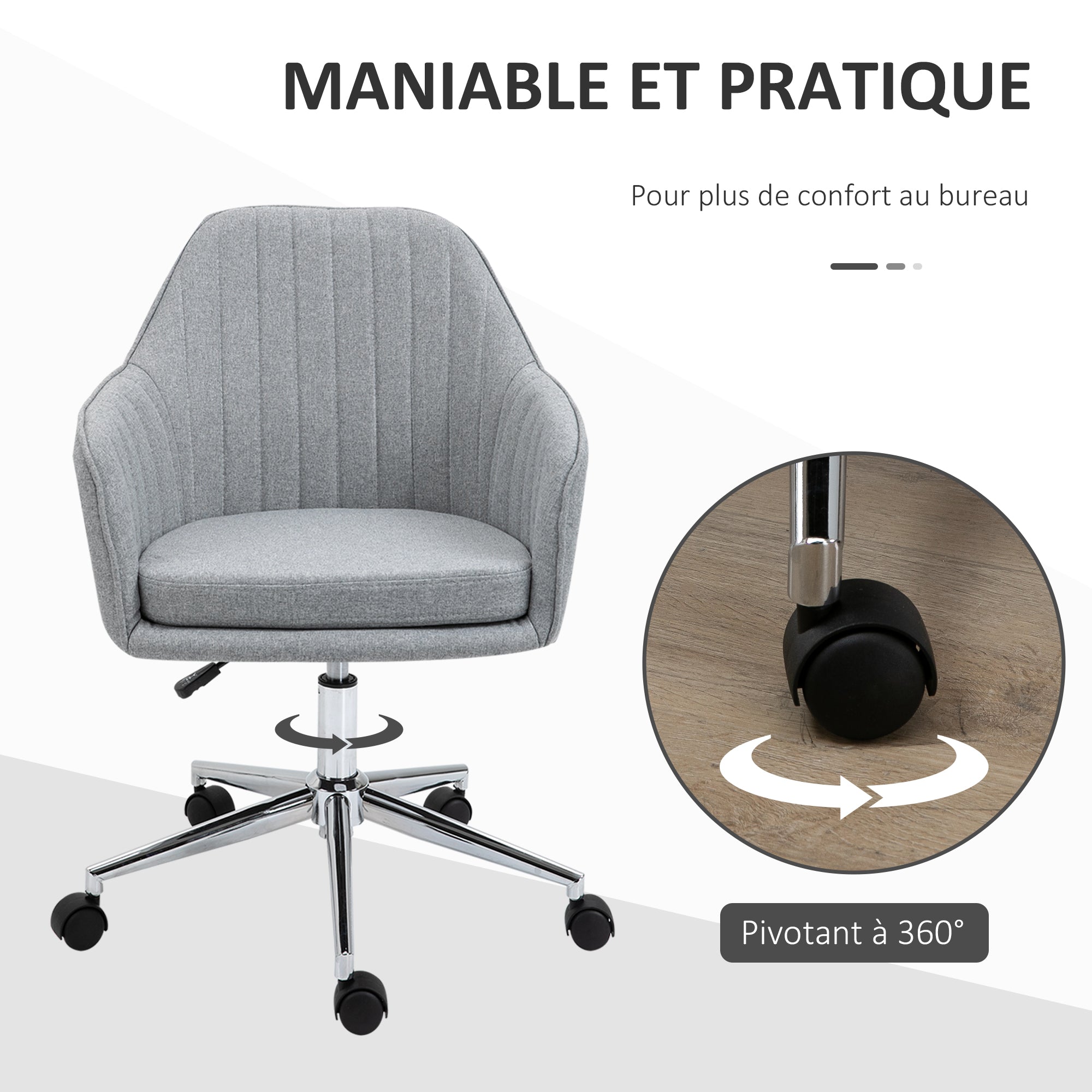 Chaise de bureau design contemporain dossier accoudoirs striés hauteur réglable pivotant 360° piètement chromé lin gris clair