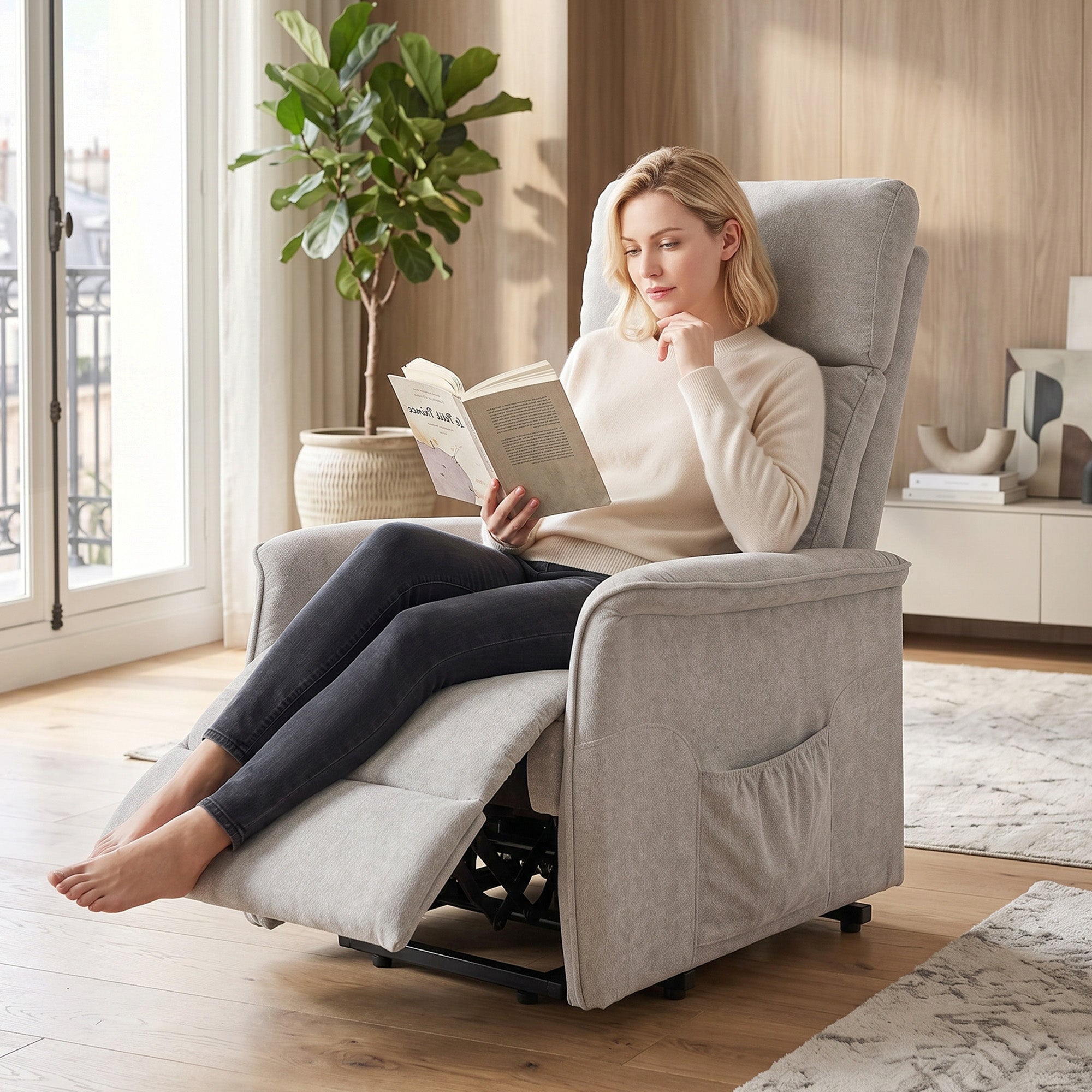Fauteuil Releveur Électrique, Fauteuil Relax Électrique en Chenille, Dossier Inclinable, Coussin à Ressorts, Télécommande et Poches Latérales, pour Personnes Âgées, Montage Facile, Gris Clair