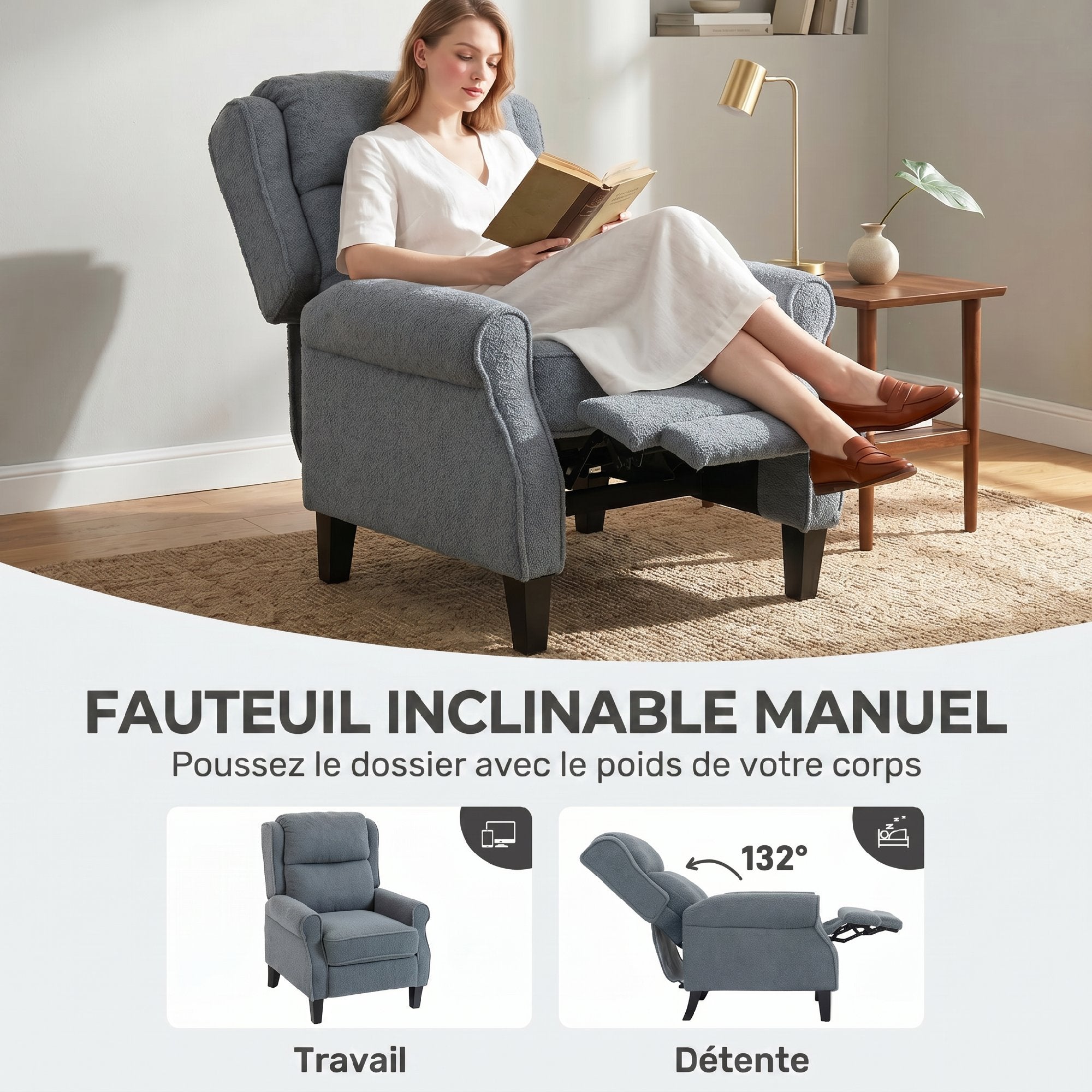 Fauteuil inclinable en polaire Teddy, fauteuil de relaxation avec repose-pieds extensible, assise rembourrée, Ressorts ensachés, pour salon, bureau, home cinéma, gris