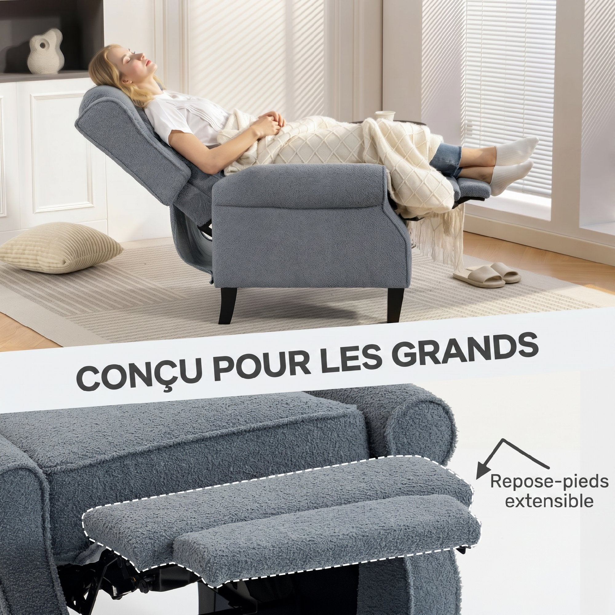 Fauteuil inclinable en polaire Teddy, fauteuil de relaxation avec repose-pieds extensible, assise rembourrée, Ressorts ensachés, pour salon, bureau, home cinéma, gris