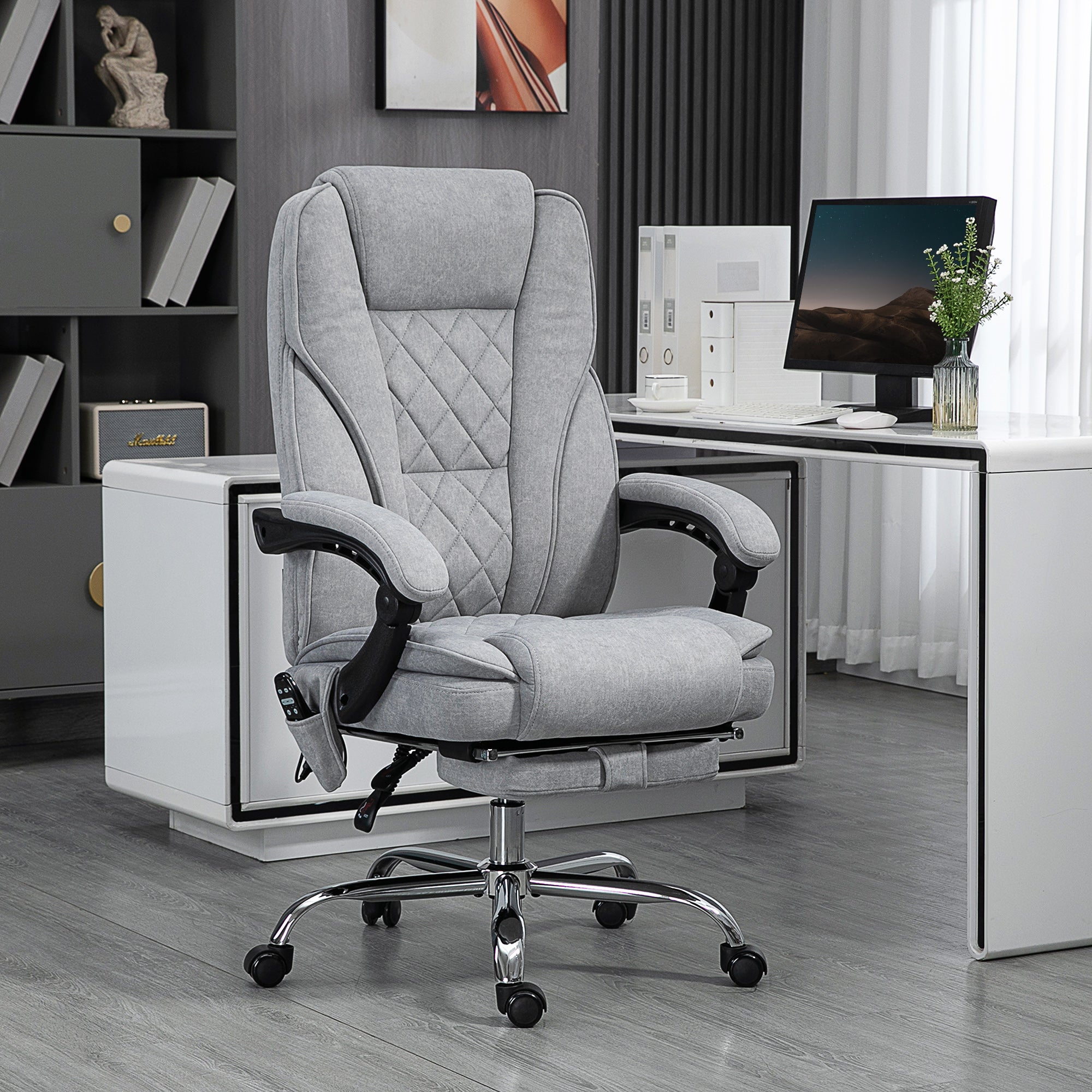 Fauteuil de bureau massant et chauffant chaise de bureau chaise ergonomique avec hauteur réglable dossier inclinable télécommande filaire repose-pieds rétractable et pivotant 360° gris