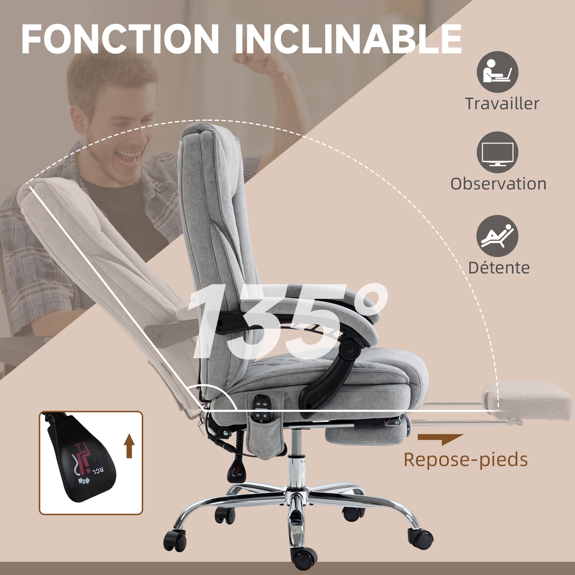 Fauteuil de bureau massant et chauffant chaise de bureau chaise ergonomique avec hauteur réglable dossier inclinable télécommande filaire repose-pieds rétractable et pivotant 360° gris