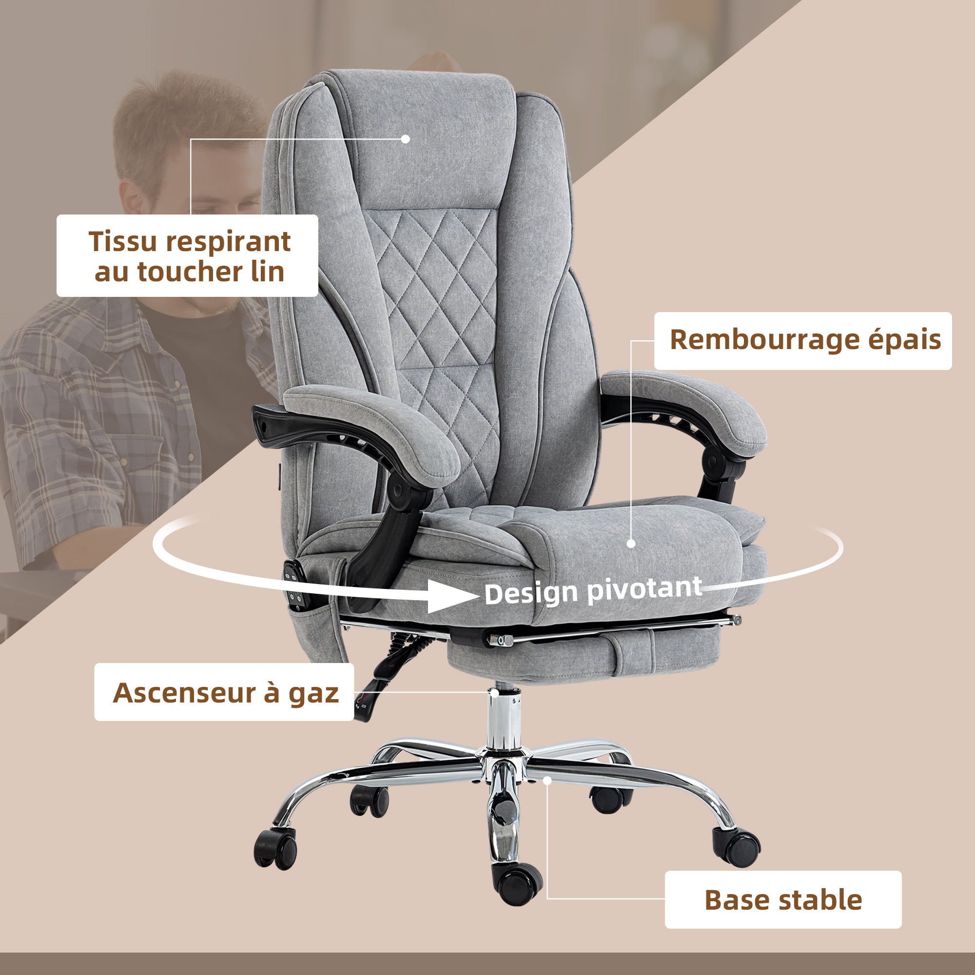 Fauteuil de bureau massant et chauffant chaise de bureau chaise ergonomique avec hauteur réglable dossier inclinable télécommande filaire repose-pieds rétractable et pivotant 360° gris