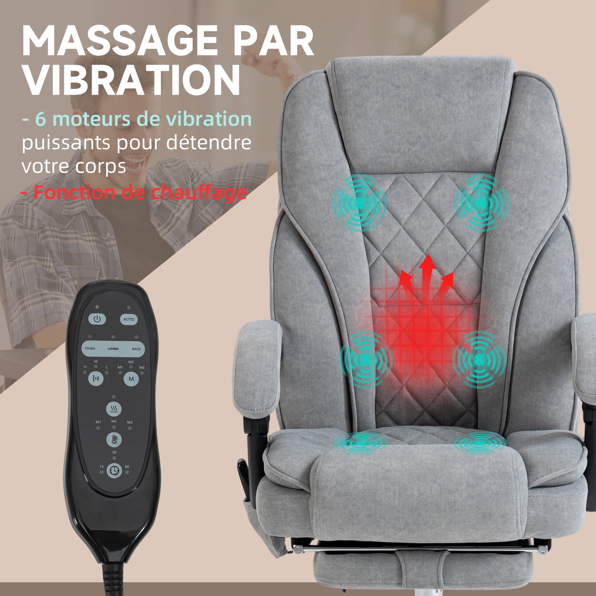 Fauteuil de bureau massant et chauffant chaise de bureau chaise ergonomique avec hauteur réglable dossier inclinable télécommande filaire repose-pieds rétractable et pivotant 360° gris