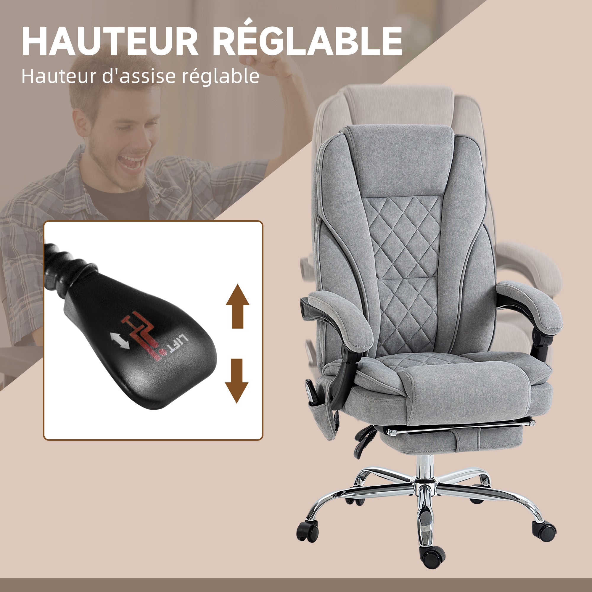 Fauteuil de bureau massant et chauffant chaise de bureau chaise ergonomique avec hauteur réglable dossier inclinable télécommande filaire repose-pieds rétractable et pivotant 360° gris