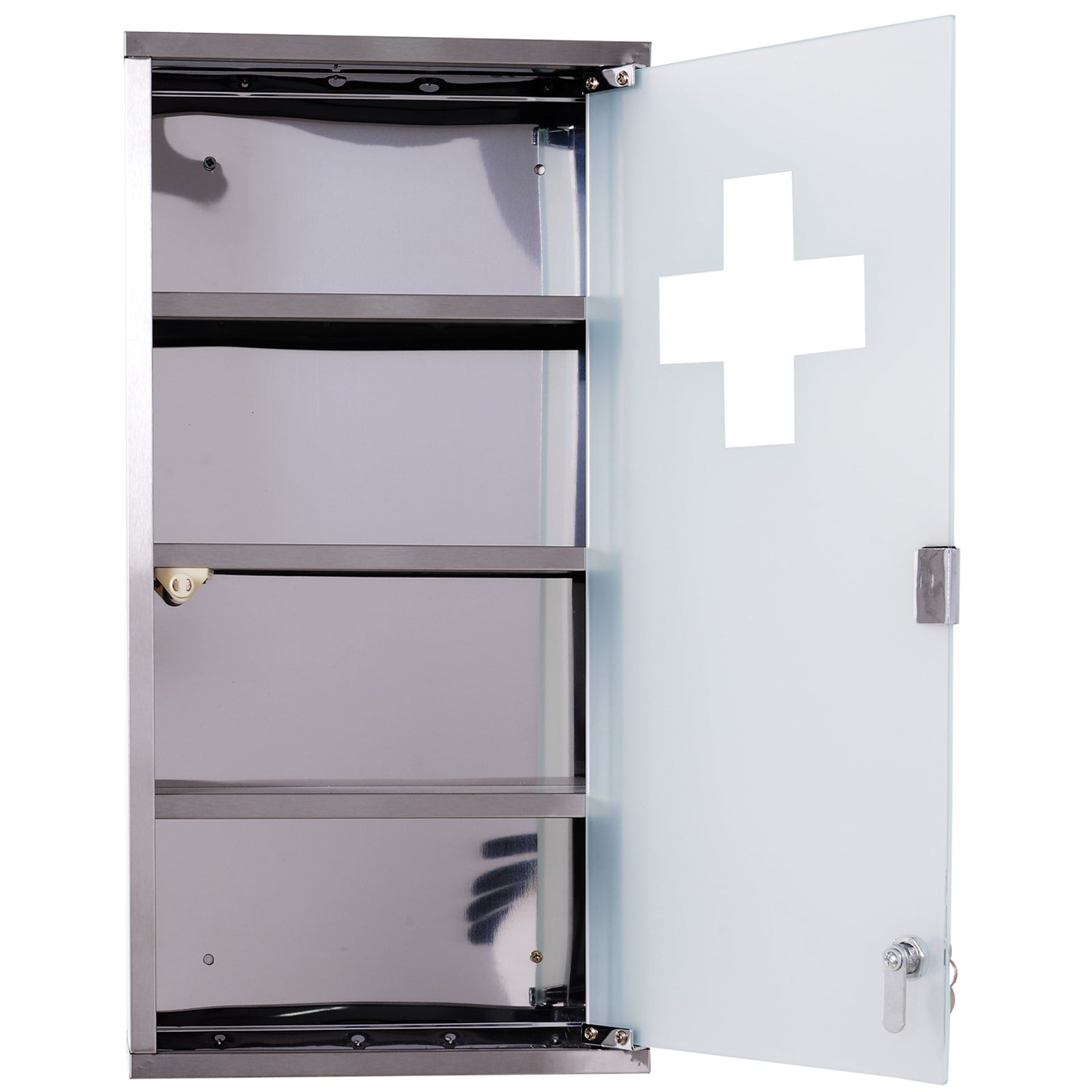 Armoire à Pharmacie 3 étagères 4 Niveaux 30L x 12l x 60H cm Porte Verre trempé Symbole Croix Acier Inoxydable brossé