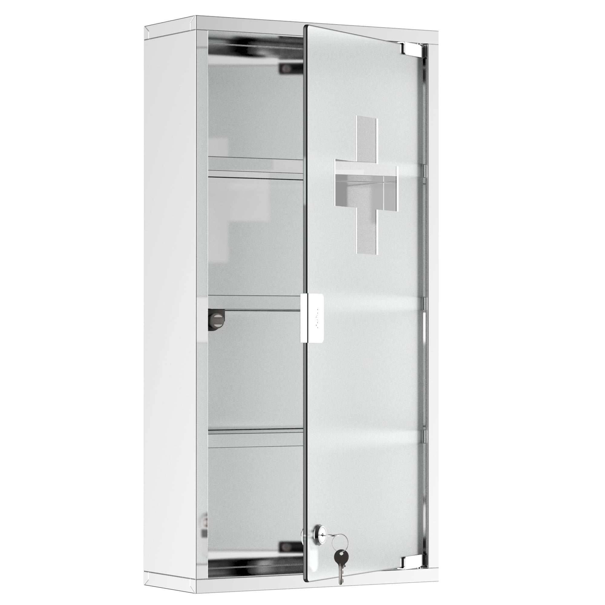 Armoire à Pharmacie 3 étagères 4 Niveaux 30L x 12l x 60H cm Porte Verre trempé Symbole Croix Acier Inoxydable brossé