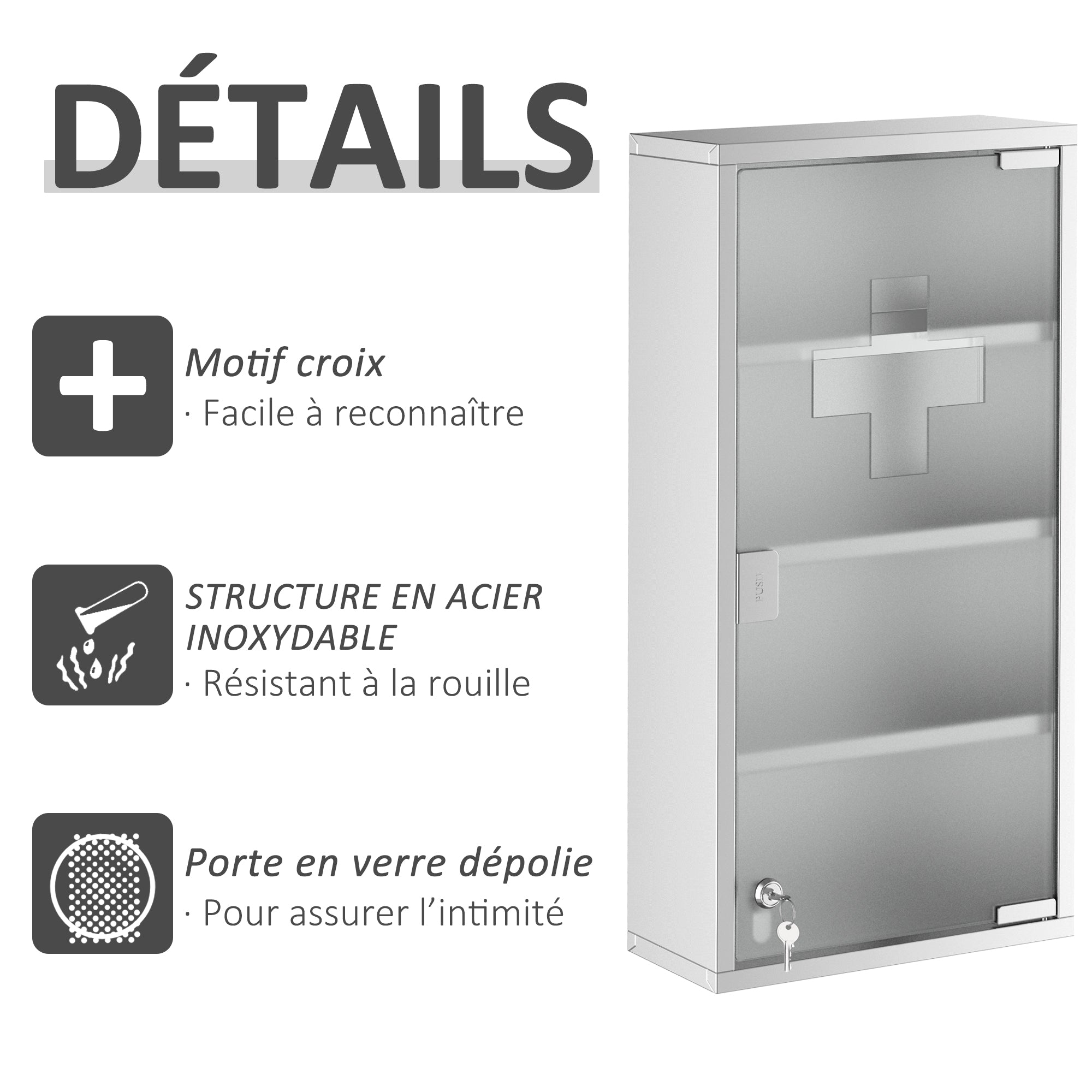 Armoire à Pharmacie 3 étagères 4 Niveaux 30L x 12l x 60H cm Porte Verre trempé Symbole Croix Acier Inoxydable brossé