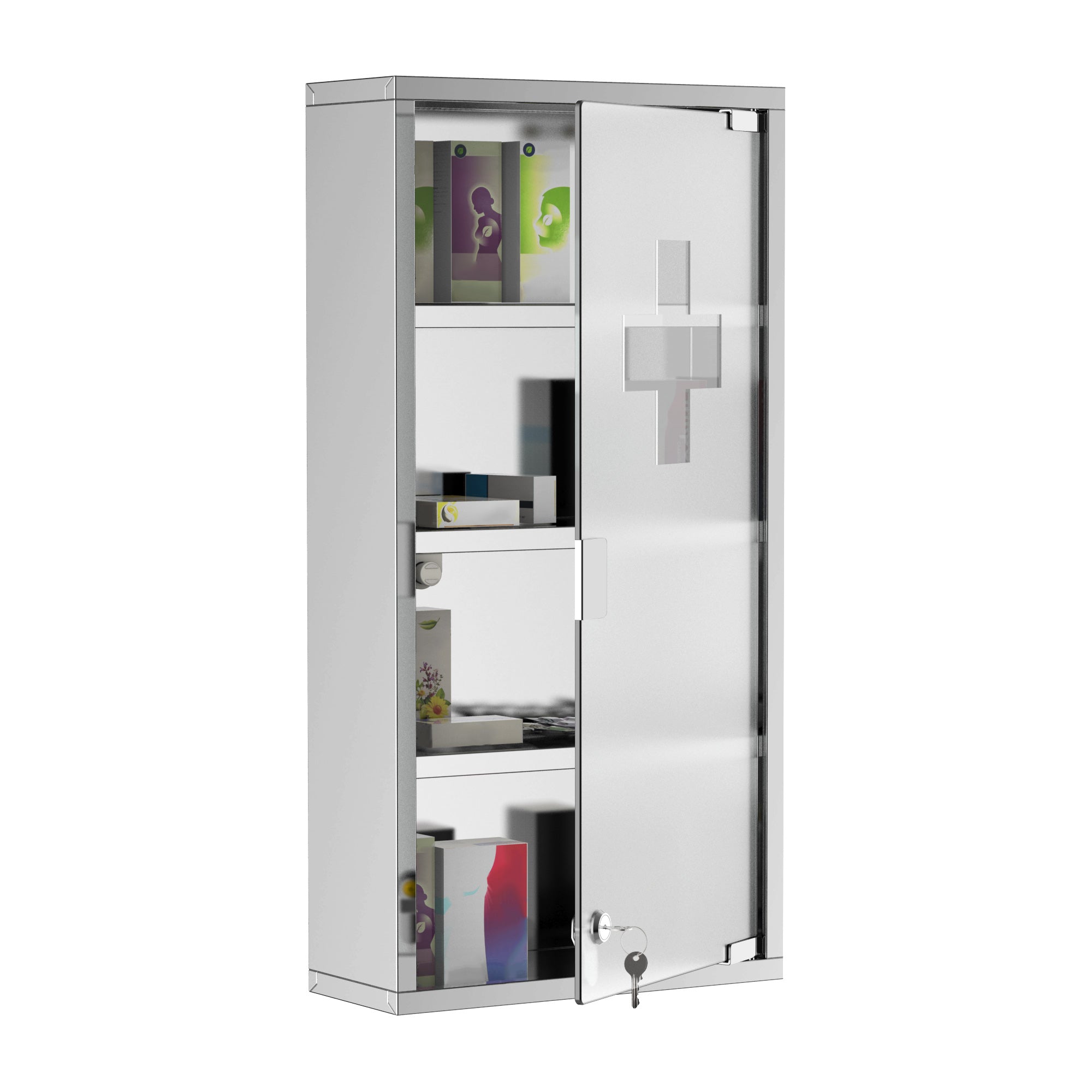 Armoire à Pharmacie 3 étagères 4 Niveaux 30L x 12l x 60H cm Porte Verre trempé Symbole Croix Acier Inoxydable brossé