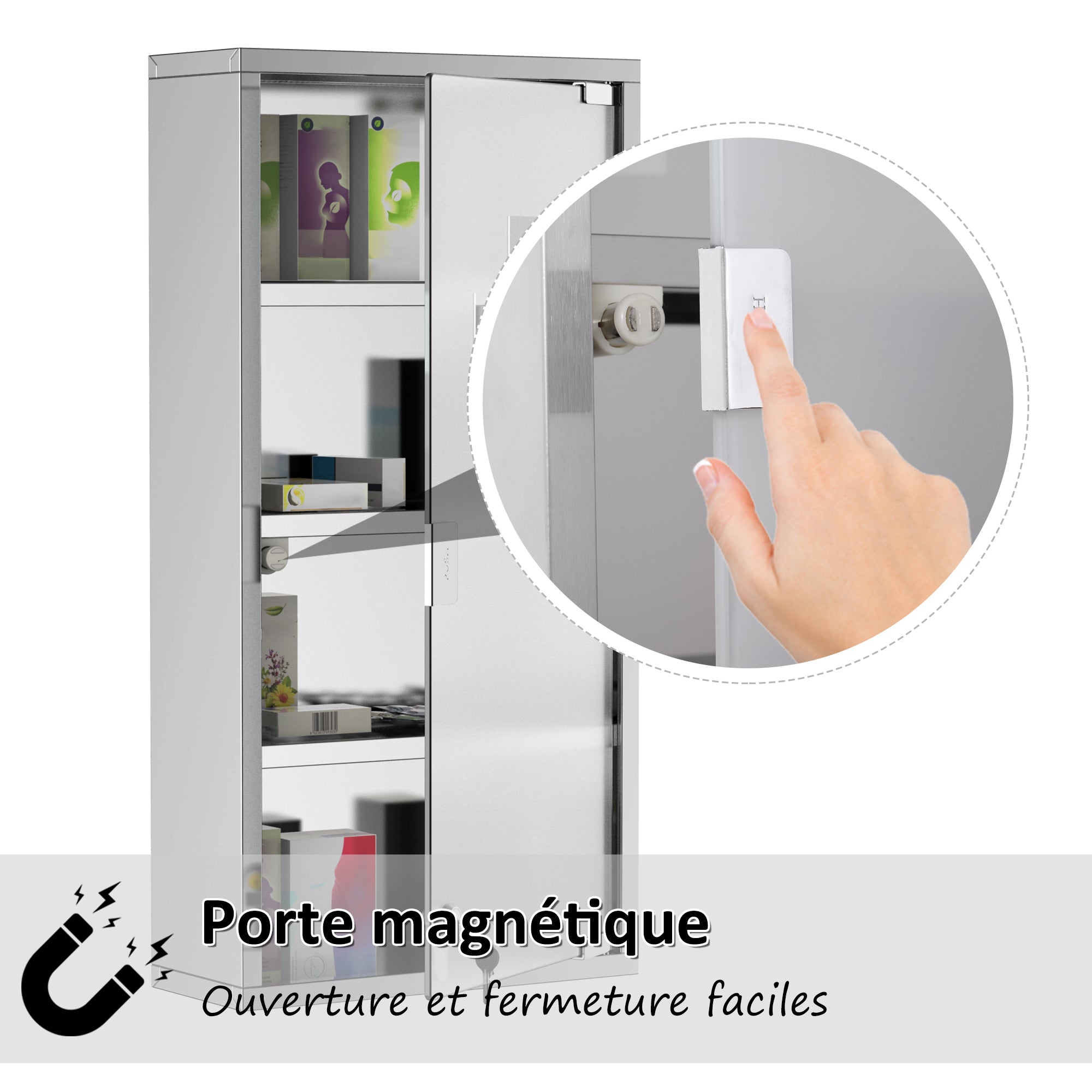 Armoire à Pharmacie 3 étagères 4 Niveaux 30L x 12l x 60H cm Porte Verre trempé Symbole Croix Acier Inoxydable brossé