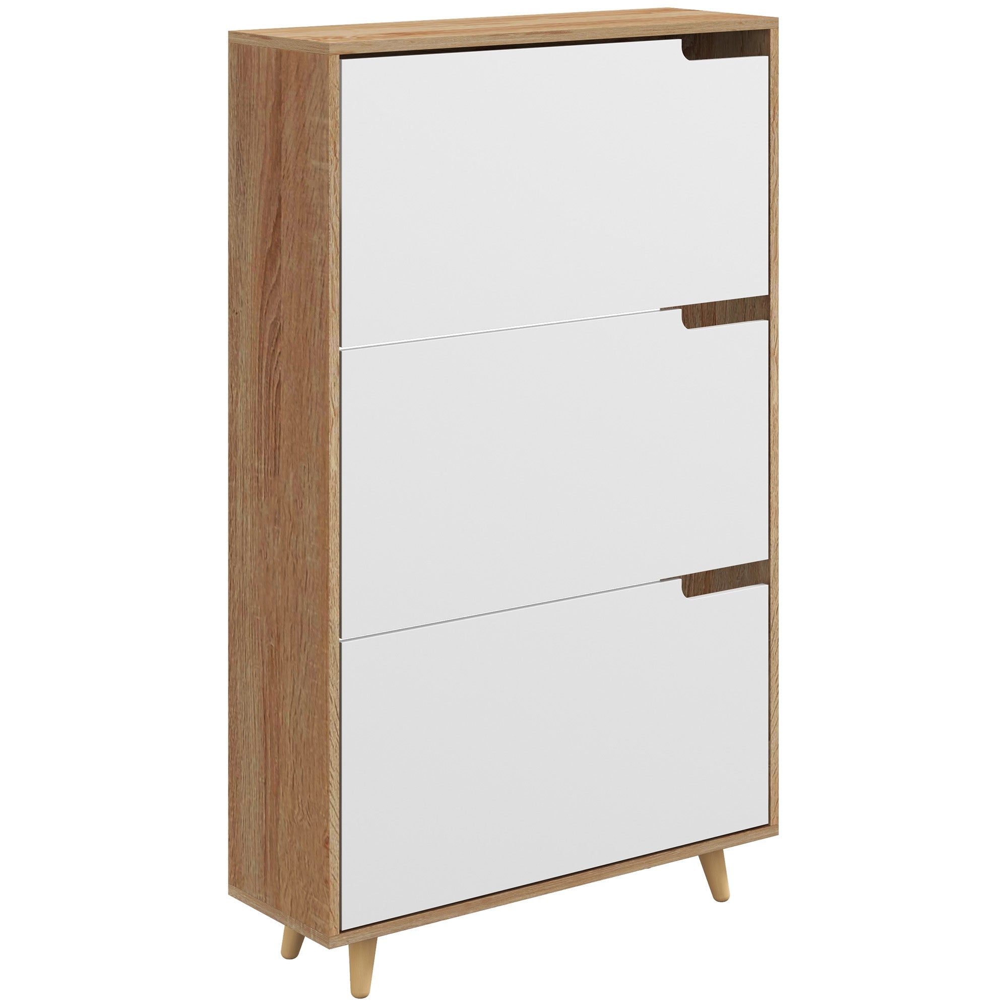 Meuble à chaussures 3 abattants, armoire à chaussures, avec étagère réglable, 72L x 24l x 119H cm, naturel et blanc