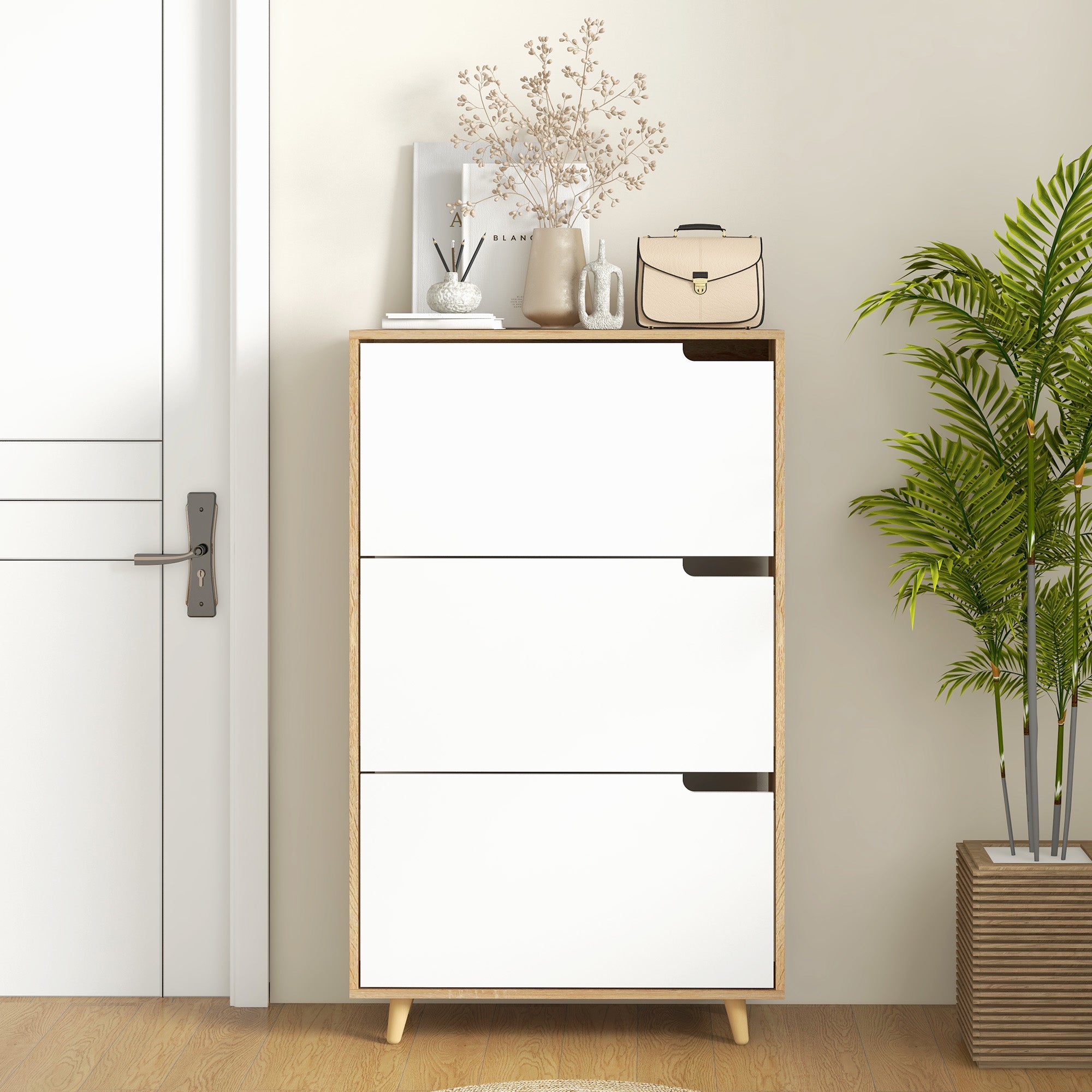 Meuble à chaussures 3 abattants, armoire à chaussures, avec étagère réglable, 72L x 24l x 119H cm, naturel et blanc