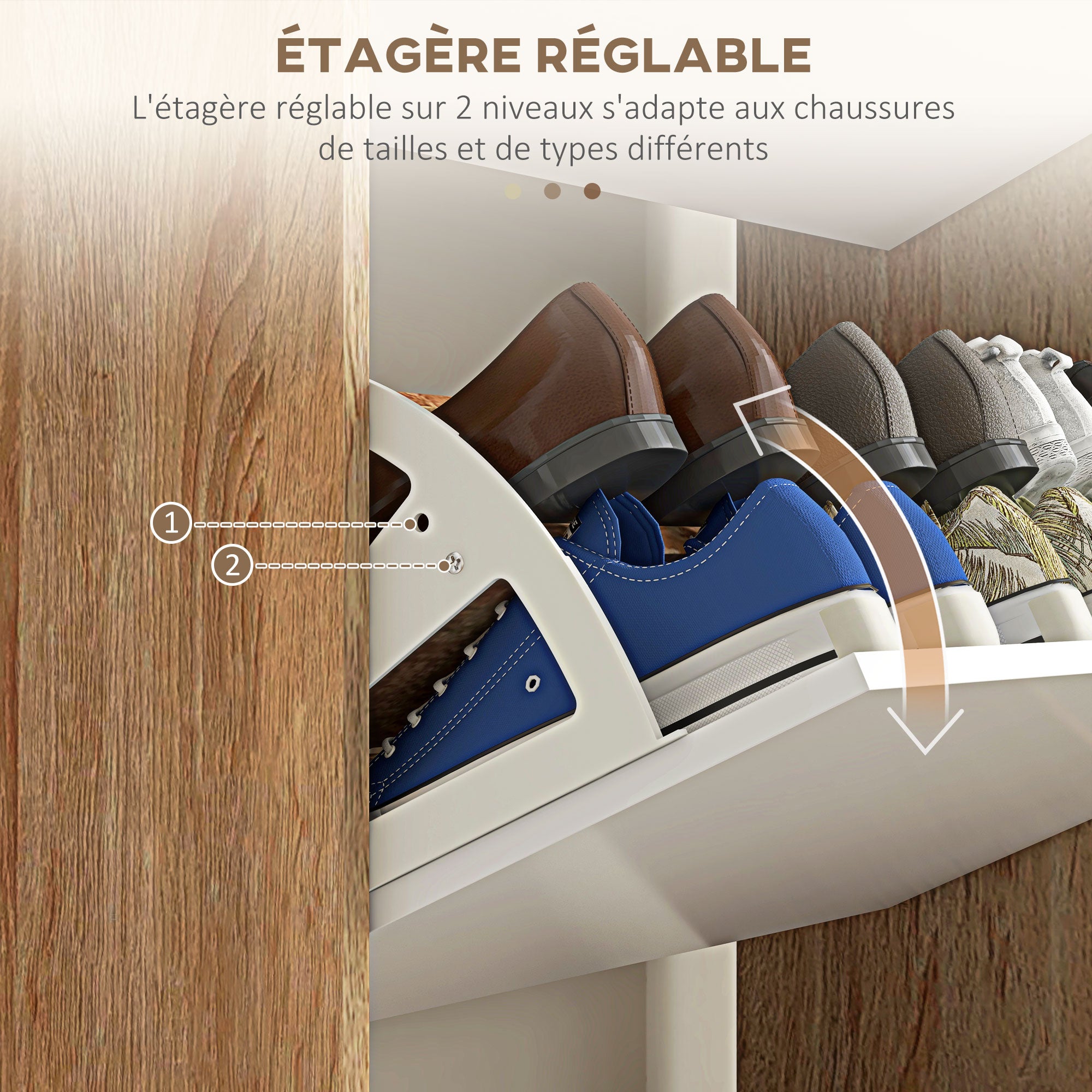 Meuble à chaussures 3 abattants, armoire à chaussures, avec étagère réglable, 72L x 24l x 119H cm, naturel et blanc