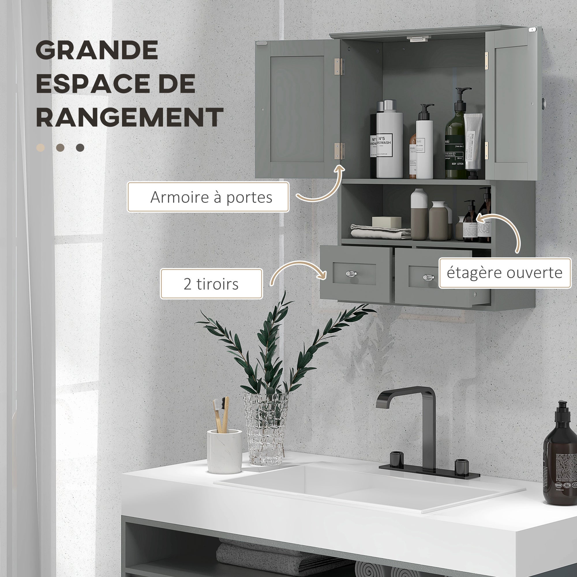 Armoire murale de salle de bain, armoire de toilette, avec portes doubles, étagère ouverte, 2 tiroirs pour ranger, 50,8l x 17,8P x 66H cm, gris