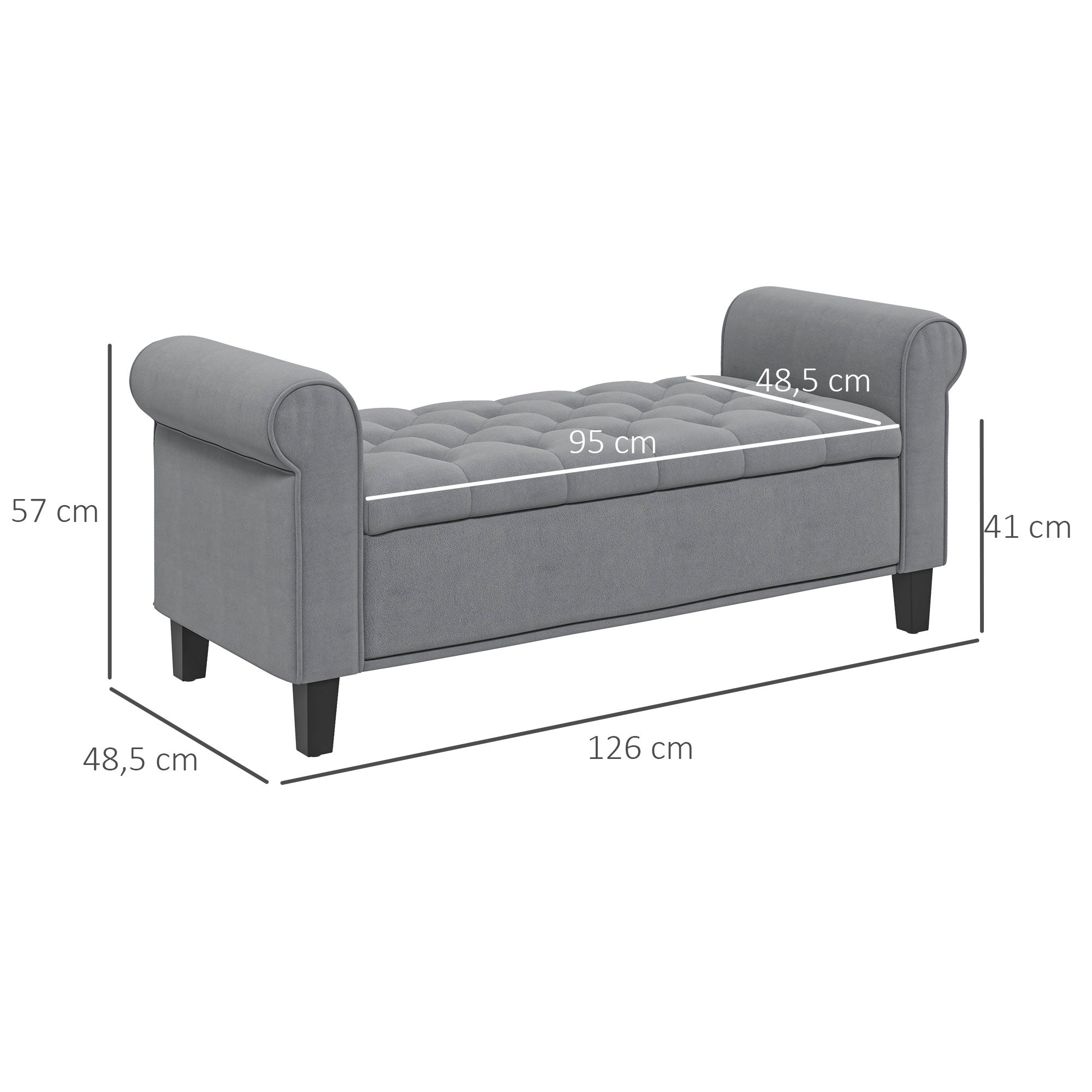 Banc de rangement bout de lit avec accoudoirs, coffre de rangement en tissu velours rembourré et capitonné, charge jusqu'à 220 kg, pour salon, chambre, entrée, 126 x 48,5 x 57 cm, gris