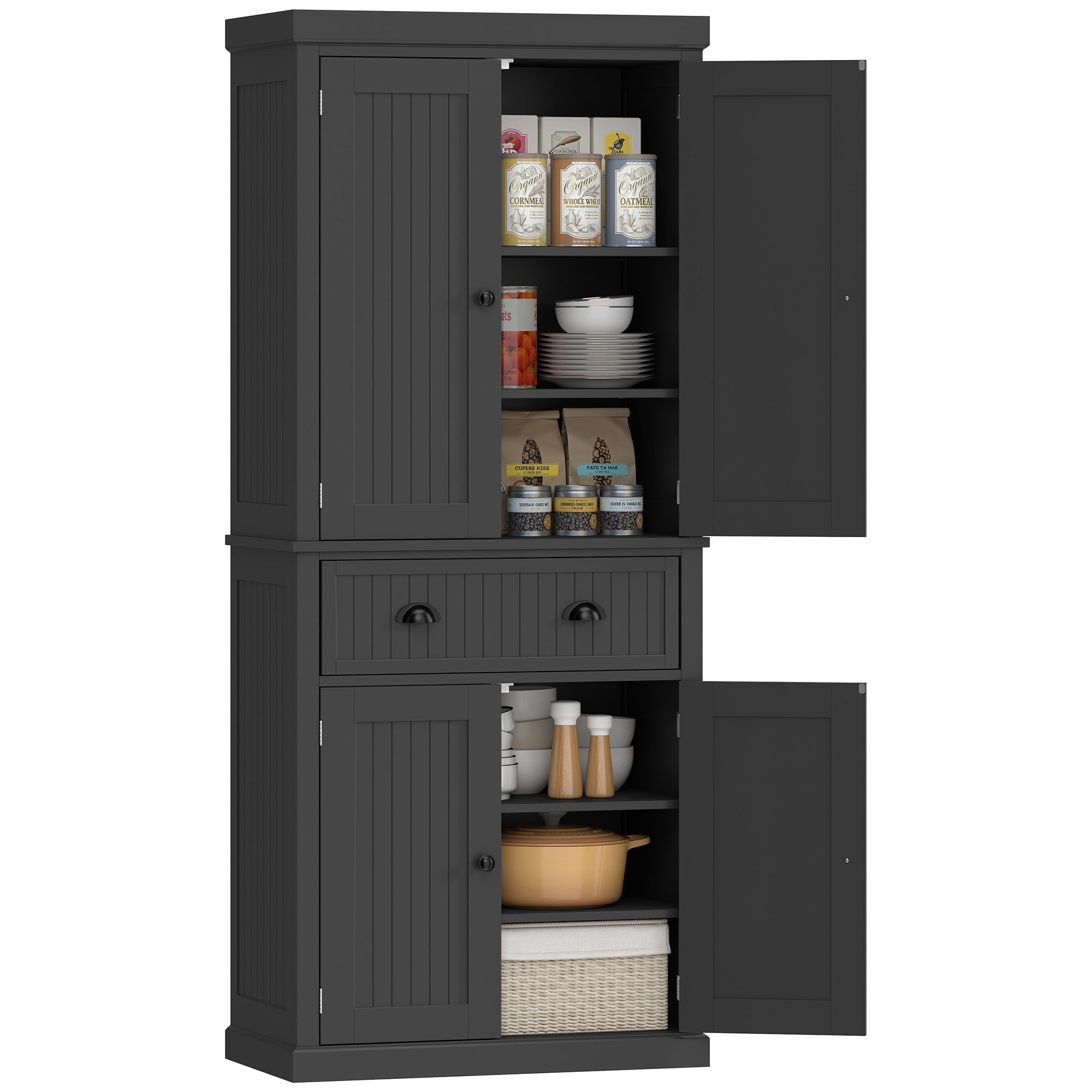 Buffet haut cuisine, armoire de cuisine, vaisselier avec 4 portes, tiroir et étagères réglables, meuble de rangement pour salon, salle à manger, 76,2 x 40,2 x 183 cm, noir