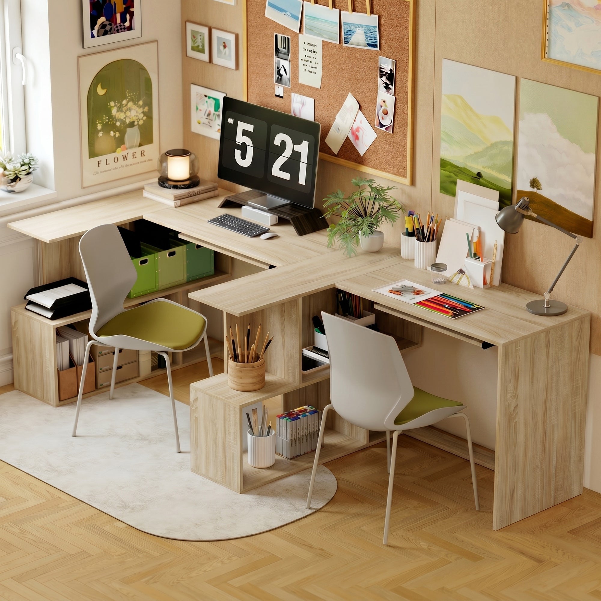 Bureau d'Angle, 120 x 100 x 76 cm, Bureau Informatique en L avec Plateau de Clavier, 4 Compartiments Ouverts, Style Moderne, Table de Travail pour Domicile, Chambre, Petit Espace, Bois Naturel