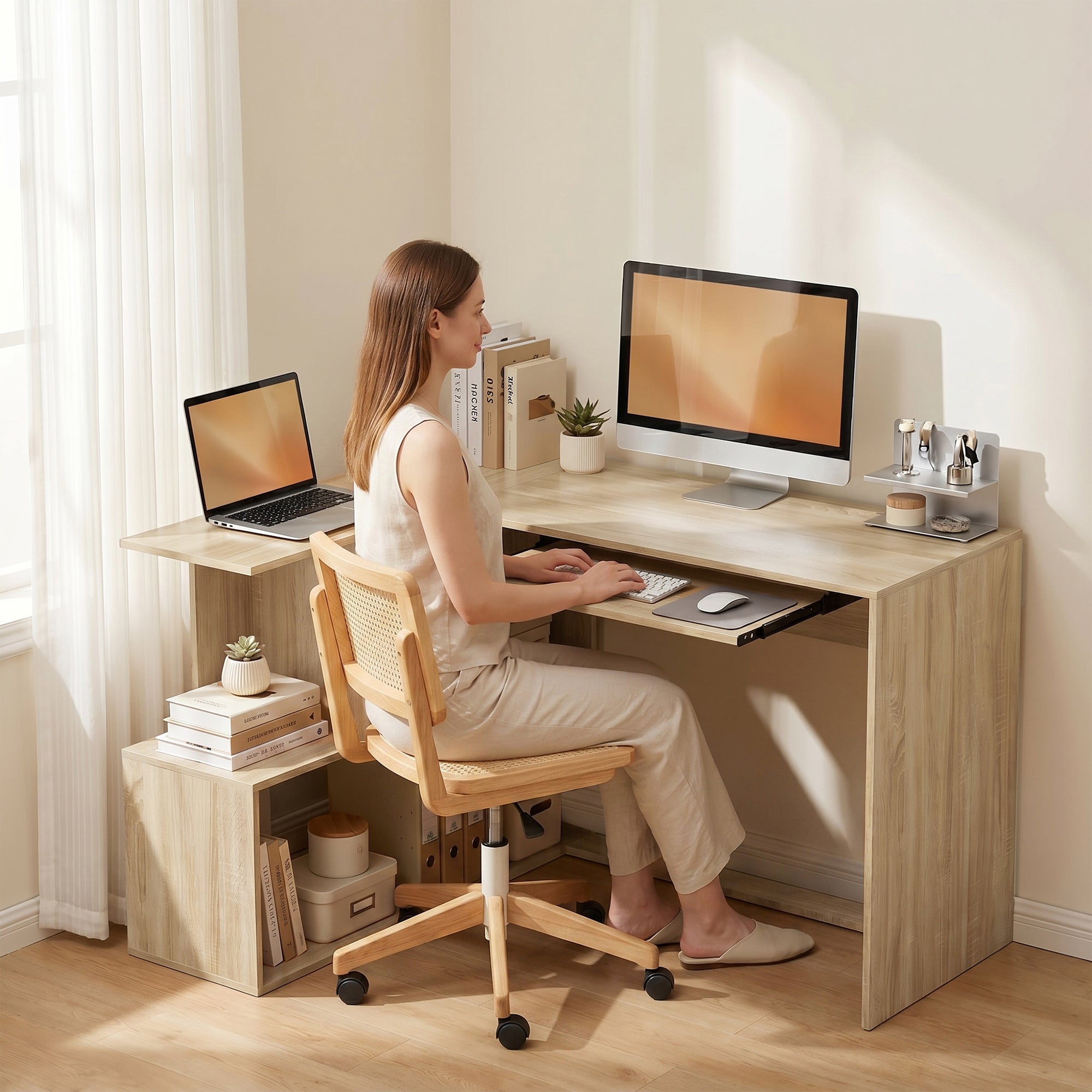 Bureau d'Angle, 120 x 100 x 76 cm, Bureau Informatique en L avec Plateau de Clavier, 4 Compartiments Ouverts, Style Moderne, Table de Travail pour Domicile, Chambre, Petit Espace, Bois Naturel