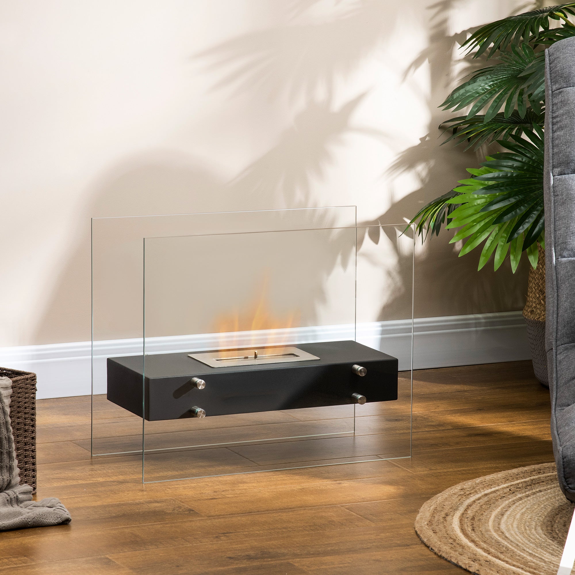 Cheminée éthanol à Poser en métal et Verre trempé avec réservoir 1,5 L, environ 3 h de durée de combustion Couverture 25 m² - dim. 60L x 26l x 50H cm