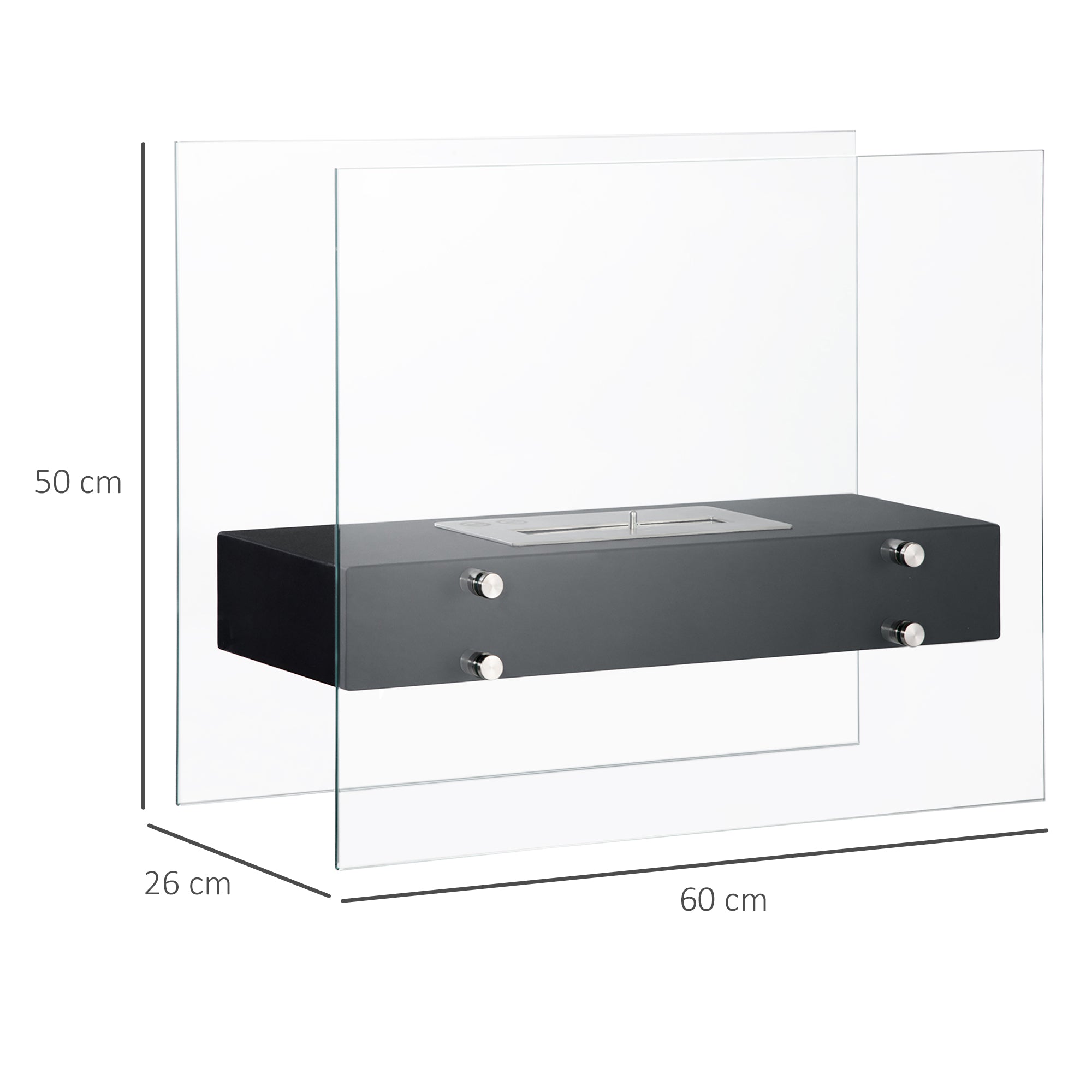 Cheminée éthanol à Poser en métal et Verre trempé avec réservoir 1,5 L, environ 3 h de durée de combustion Couverture 25 m² - dim. 60L x 26l x 50H cm