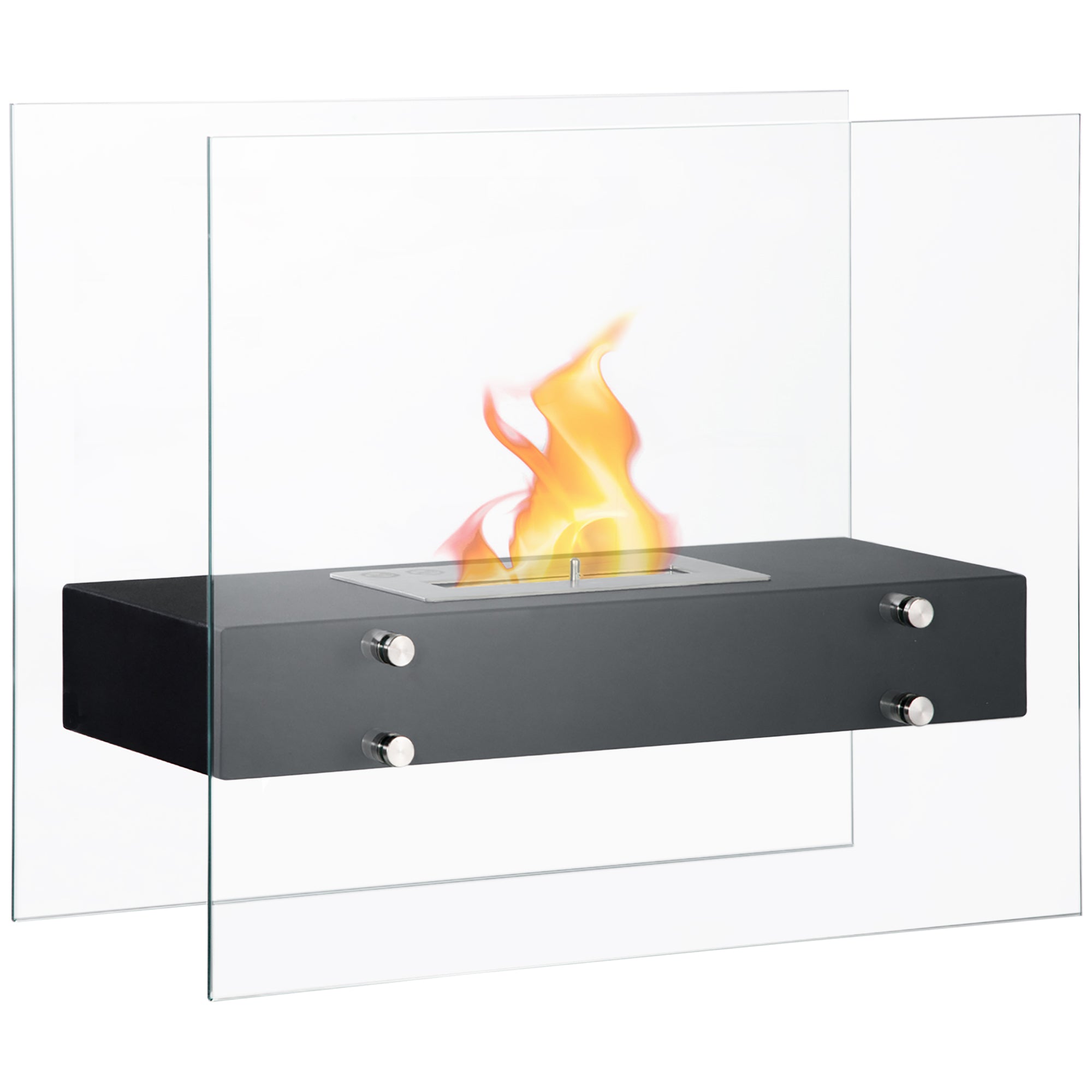 Cheminée éthanol à Poser en métal et Verre trempé avec réservoir 1,5 L, environ 3 h de durée de combustion Couverture 25 m² - dim. 60L x 26l x 50H cm