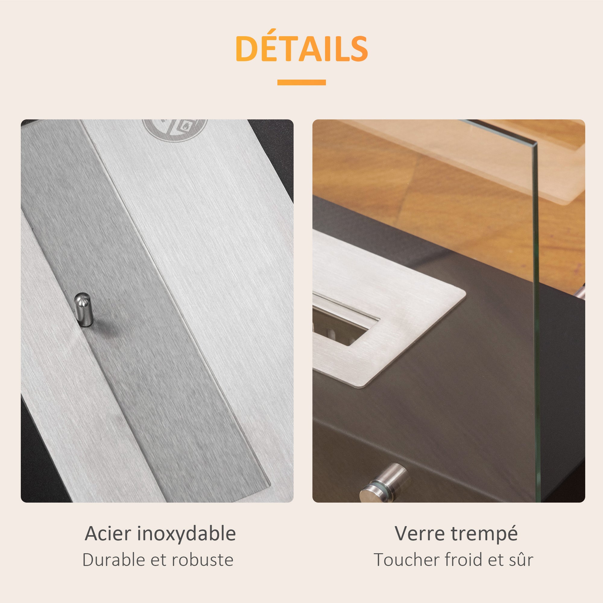 Cheminée éthanol à Poser en métal et Verre trempé avec réservoir 1,5 L, environ 3 h de durée de combustion Couverture 25 m² - dim. 60L x 26l x 50H cm