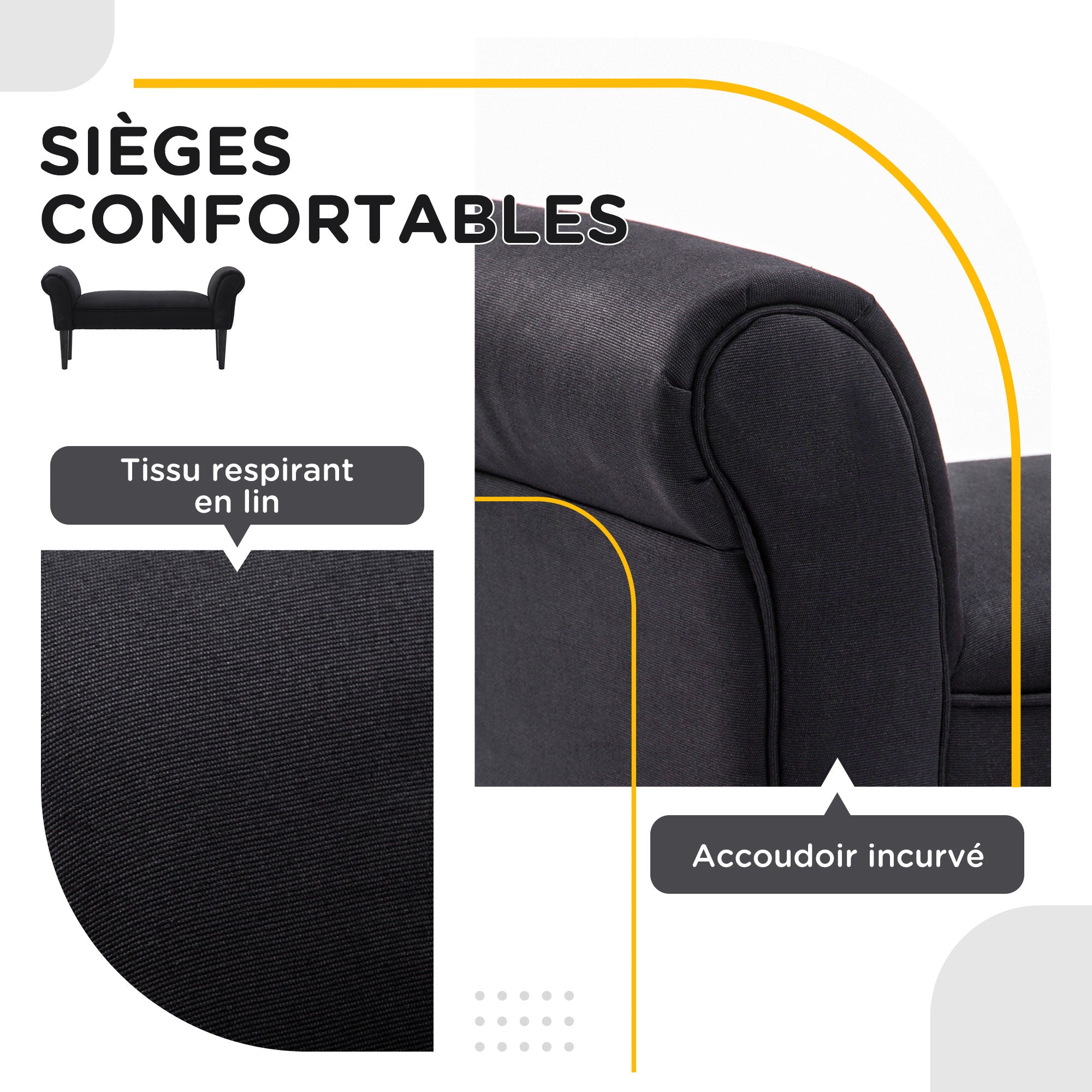 Banc Entrée Bout de Lit Rembourré pour Chambre à Coucher, Tissu à Voile, Noir, 102 x 36 x 51 cm