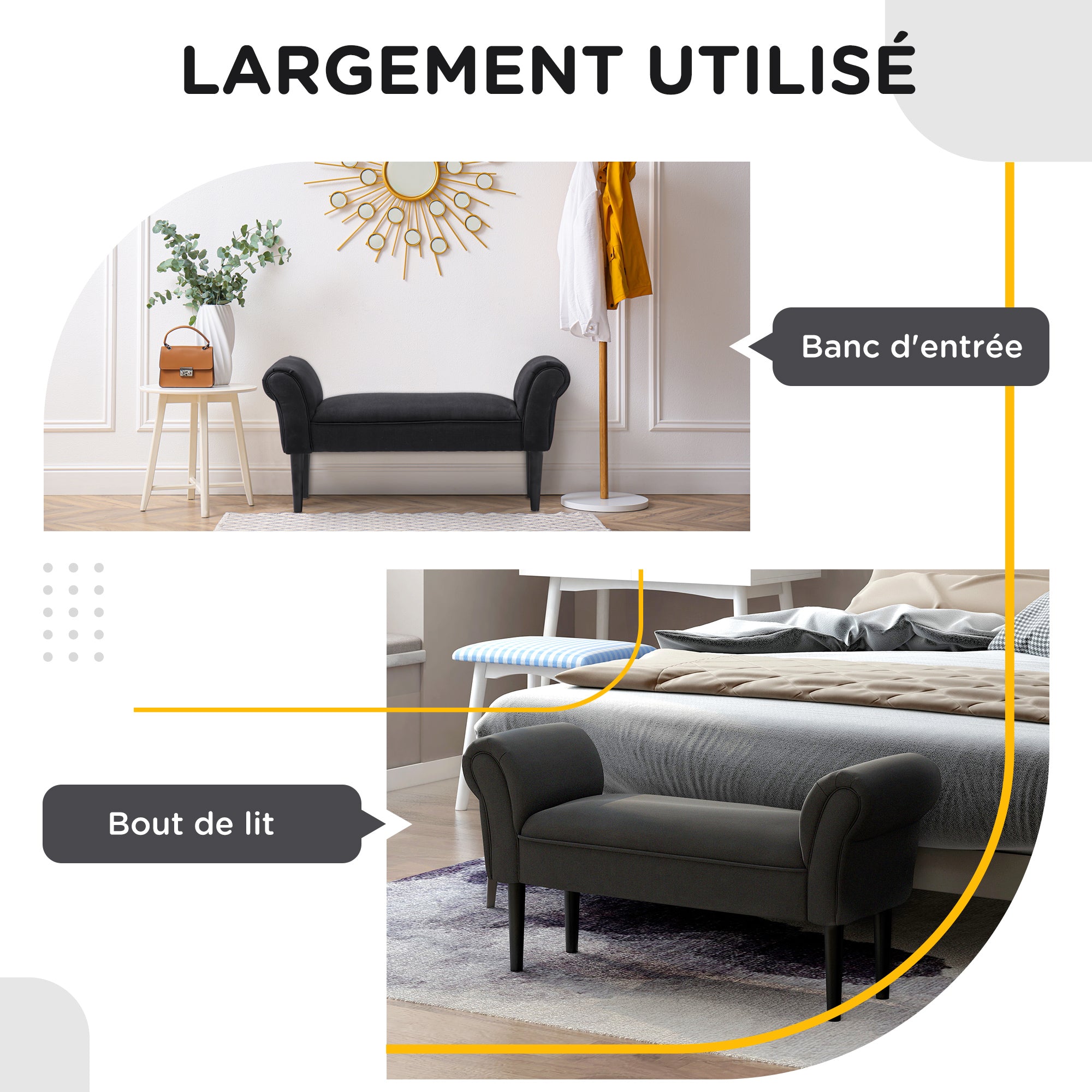 Banc Entrée Bout de Lit Rembourré pour Chambre à Coucher, Tissu à Voile, Noir, 102 x 36 x 51 cm