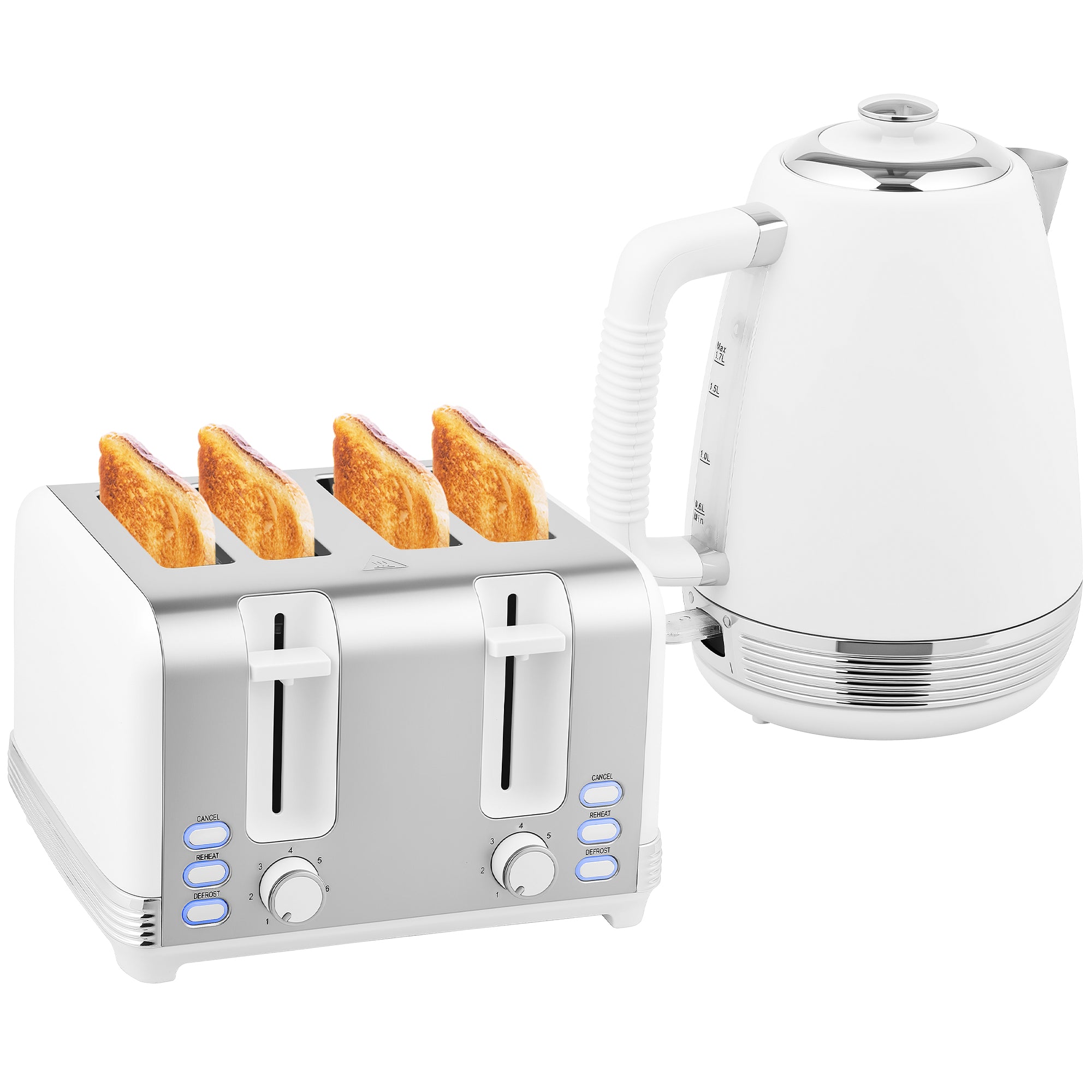 Ensemble bouilloire et grille-pain en inox 2200 W et 1,7 L, grille-pain 4 tranches, 7 niveaux de brunissage, chauffage rapide, thermostat Strix, filtre anticalcaire et plateau à miettes, blanc