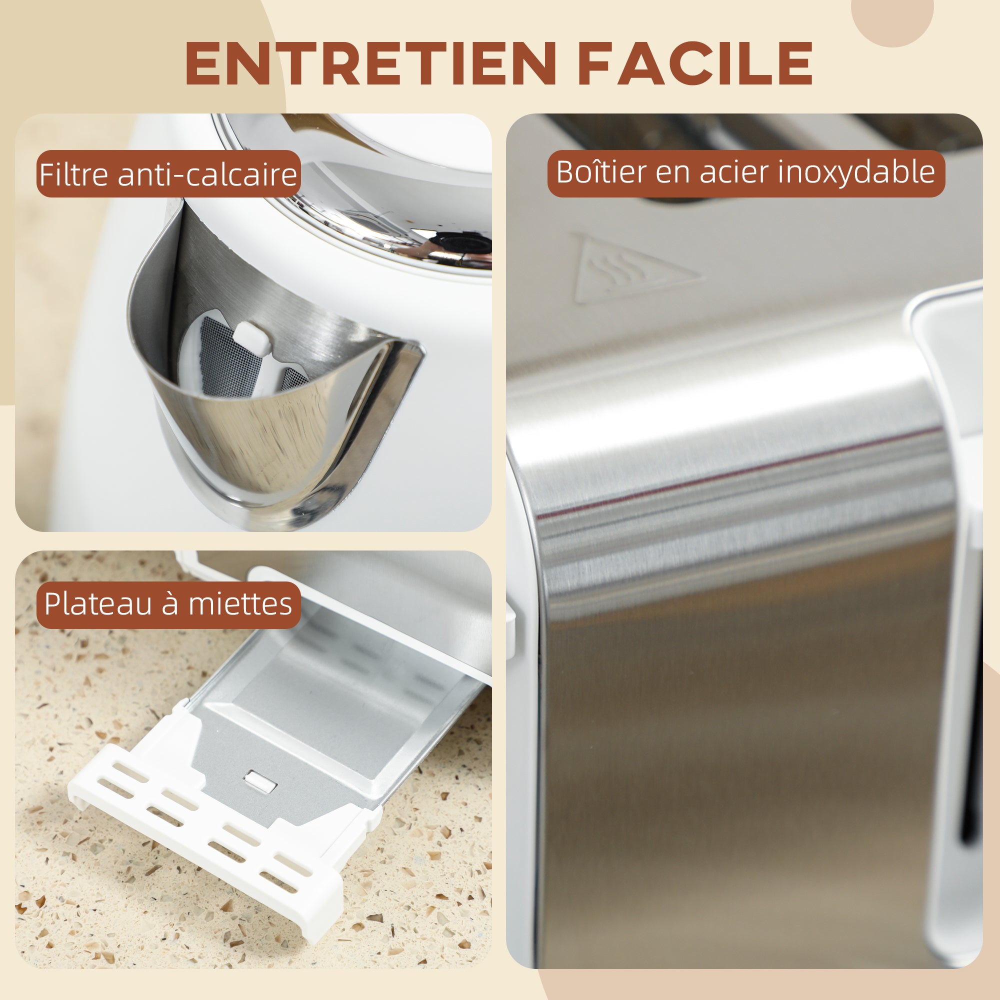 Ensemble bouilloire et grille-pain en inox 2200 W et 1,7 L, grille-pain 4 tranches, 7 niveaux de brunissage, chauffage rapide, thermostat Strix, filtre anticalcaire et plateau à miettes, blanc