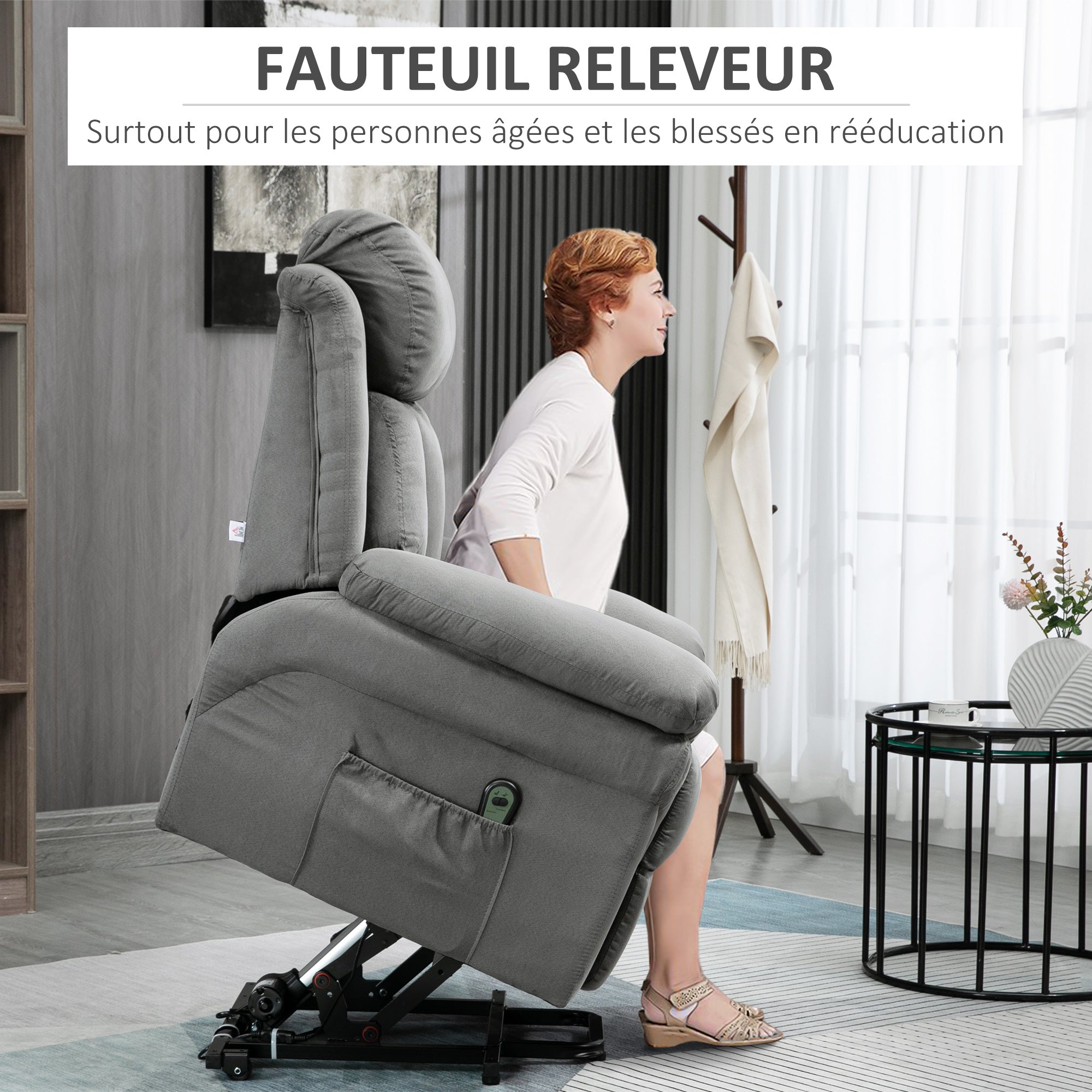 Fauteuil releveur électrique, fauteuil relax électrique avec repose-pied ajustable, dossier inclinable, télécommande, poche latérale, pour personnes âgées, gris