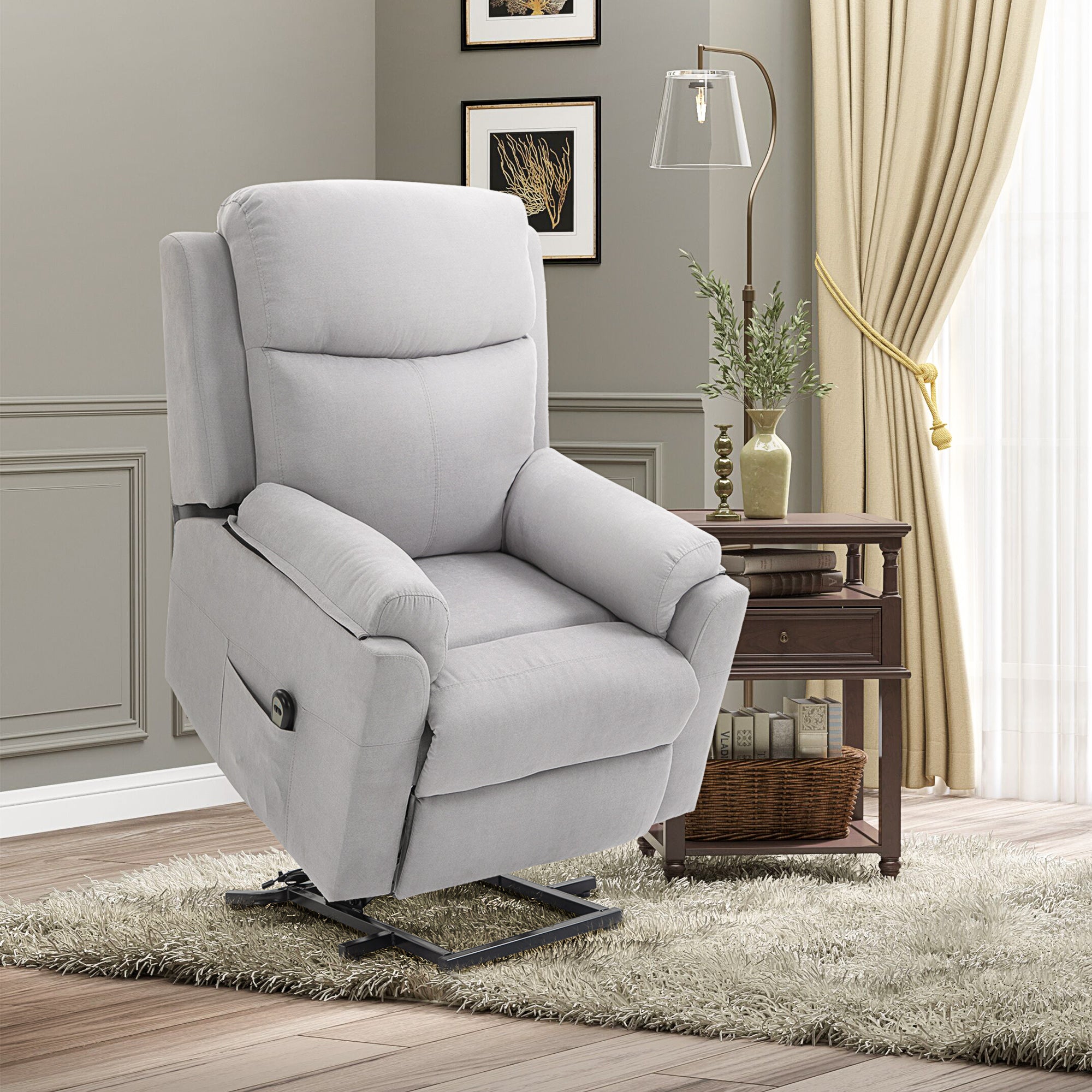 Fauteuil releveur électrique, fauteuil relax électrique avec repose-pied, dossier inclinable, télécommande et poche latérale charge 120kg tissu aspect lin gris clair