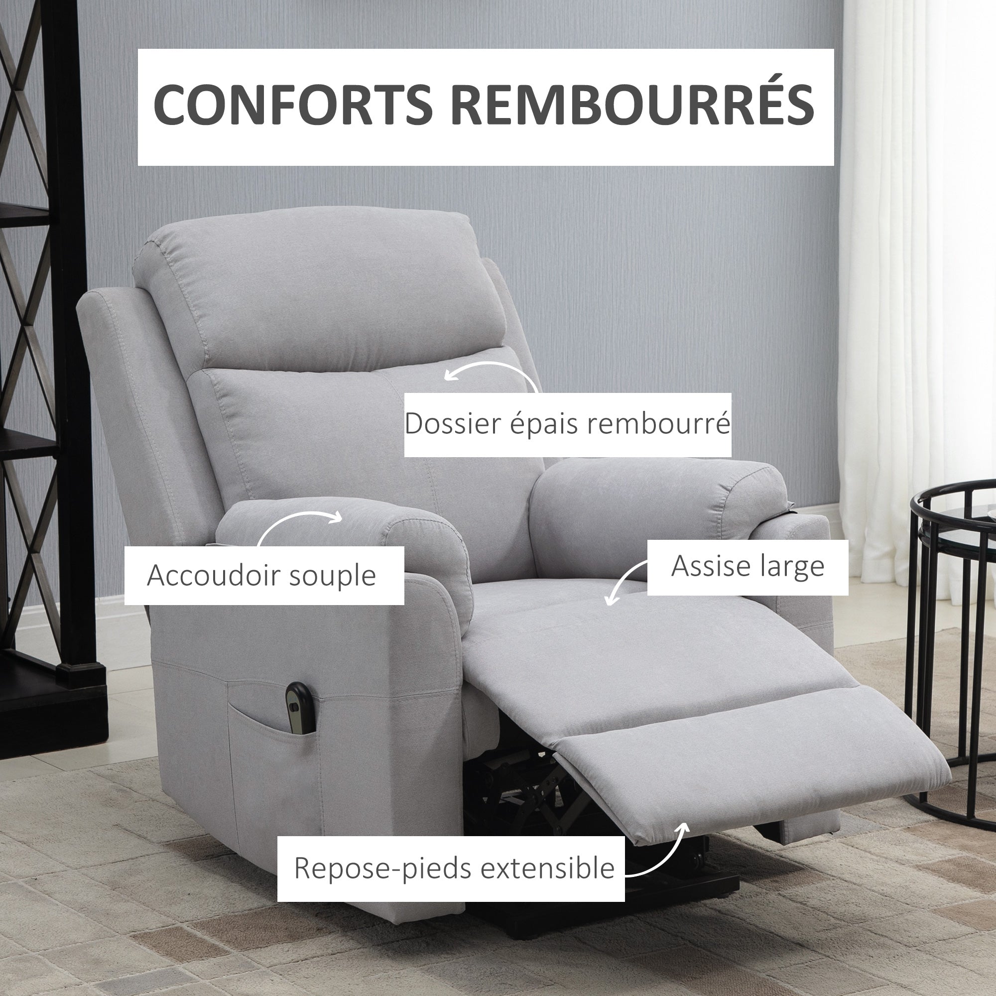 Fauteuil releveur électrique, fauteuil relax électrique avec repose-pied, dossier inclinable, télécommande et poche latérale charge 120kg tissu aspect lin gris clair