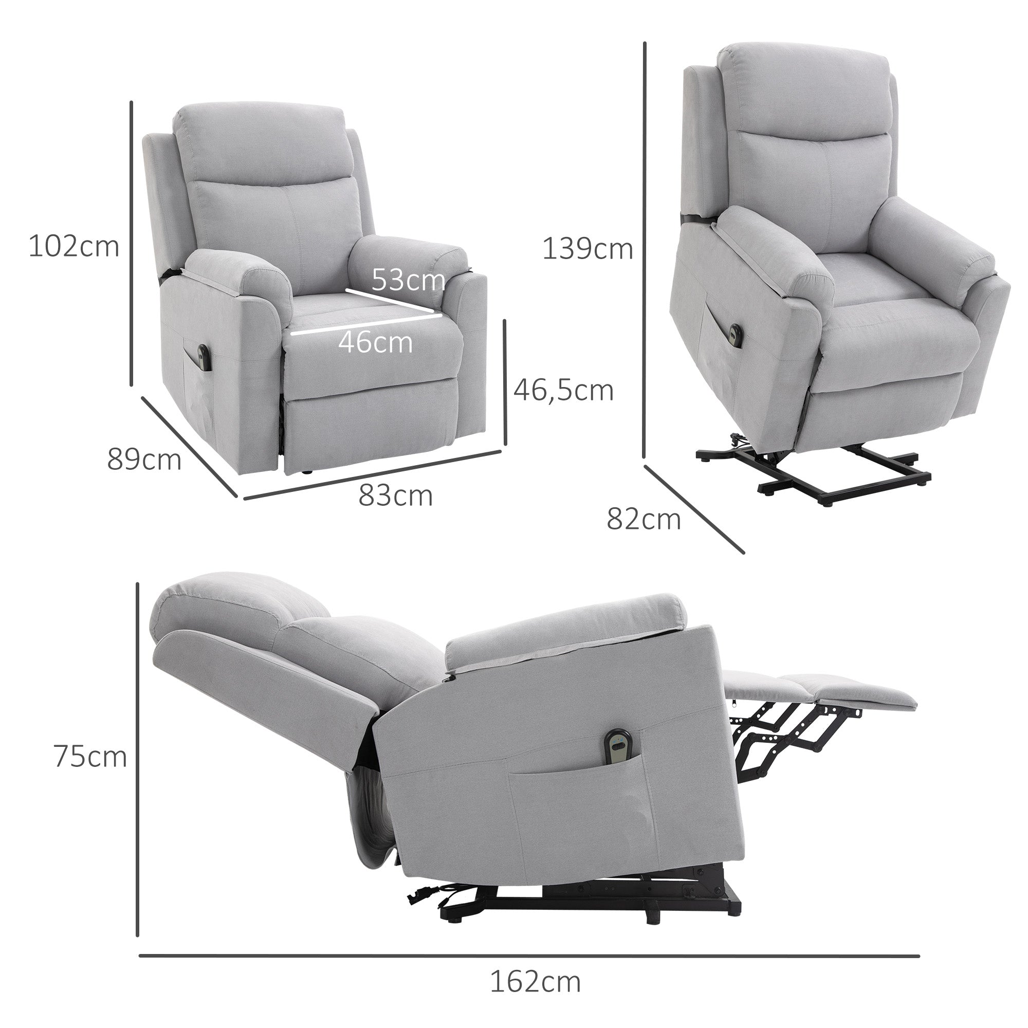 Fauteuil releveur électrique, fauteuil relax électrique avec repose-pied, dossier inclinable, télécommande et poche latérale charge 120kg tissu aspect lin gris clair
