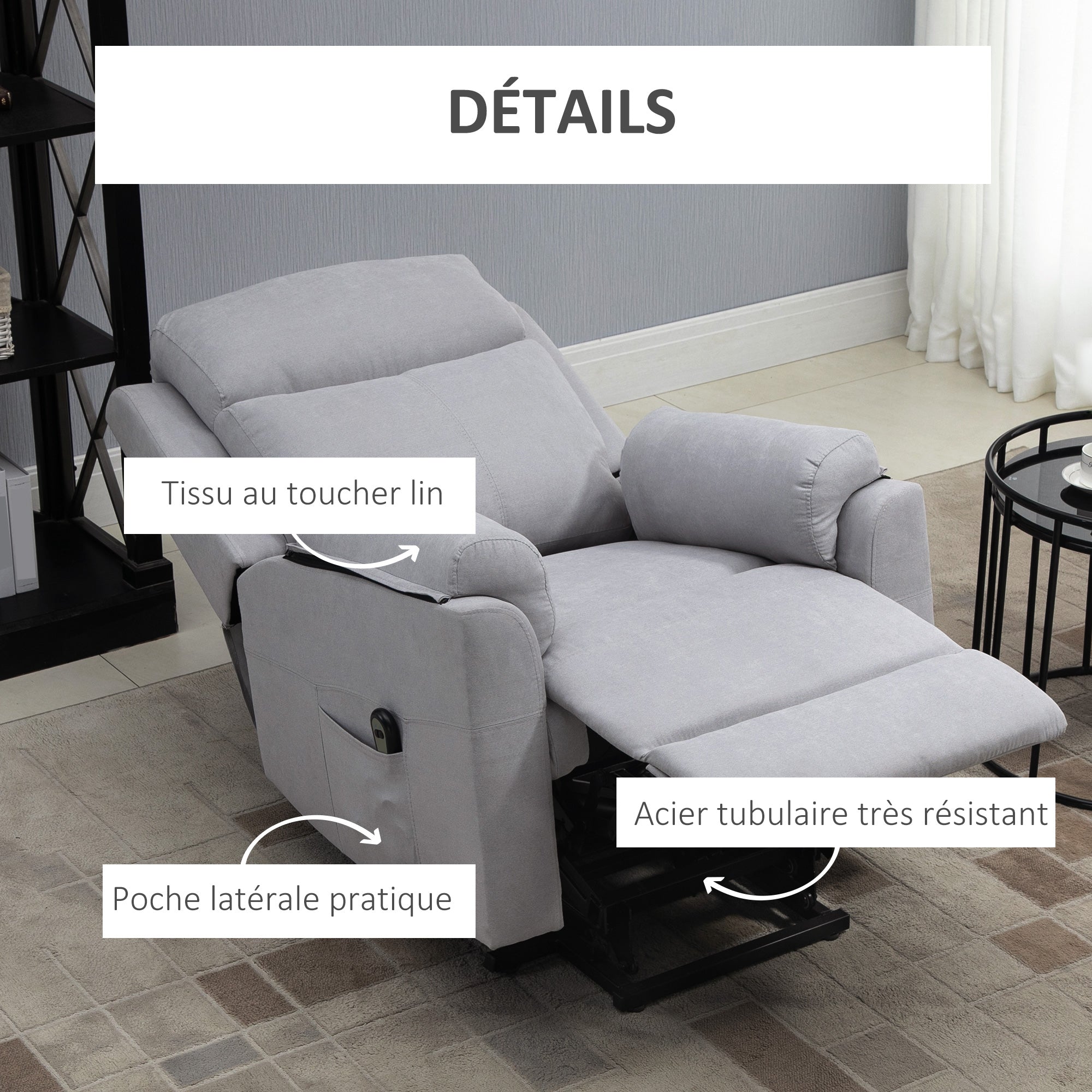 Fauteuil releveur électrique, fauteuil relax électrique avec repose-pied, dossier inclinable, télécommande et poche latérale charge 120kg tissu aspect lin gris clair