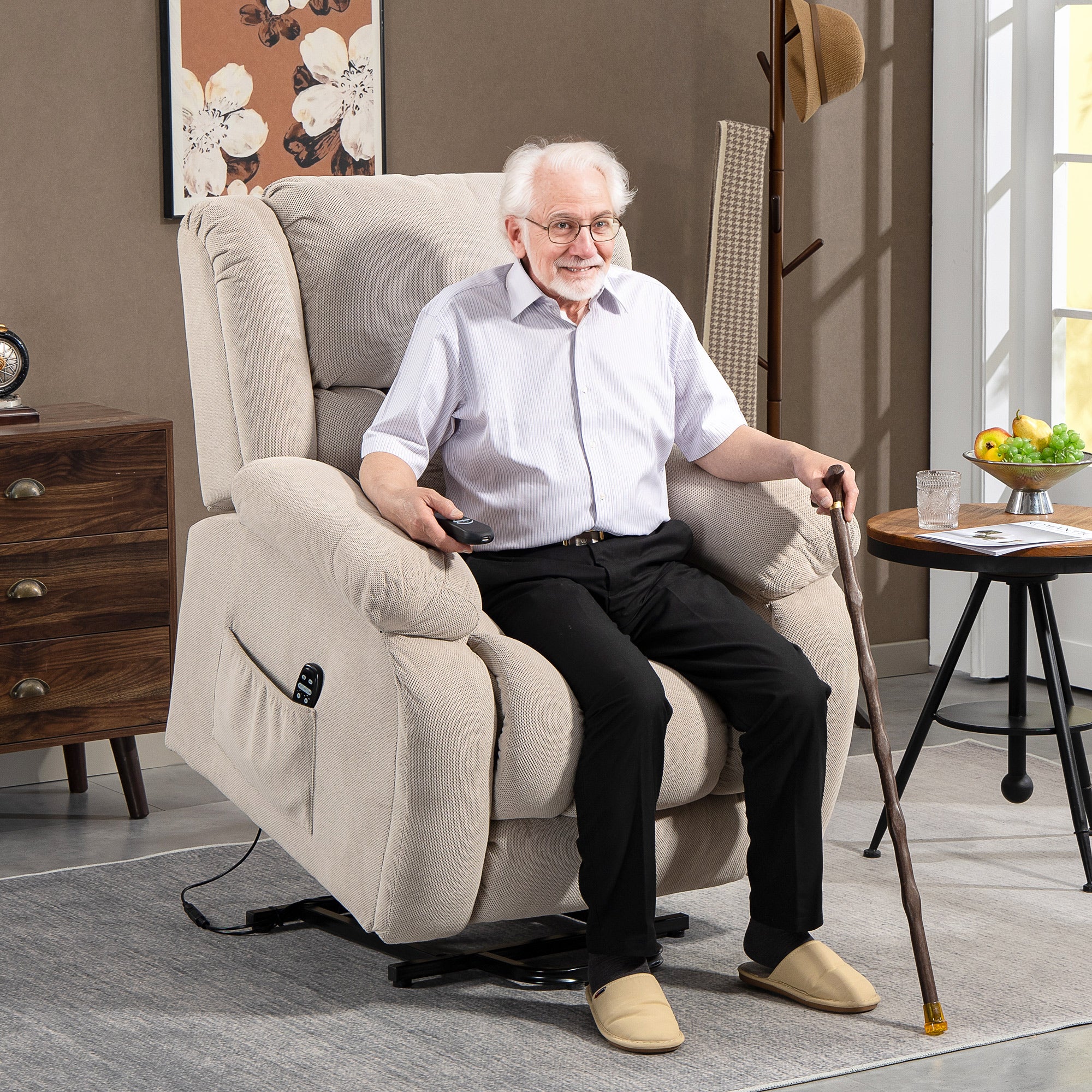 Fauteuil releveur électrique avec fonction massage et chauffage, fauteuil relax électrique avec dossier inclinable, ports USB, télécommande, repose-pied et poche latérale, beige