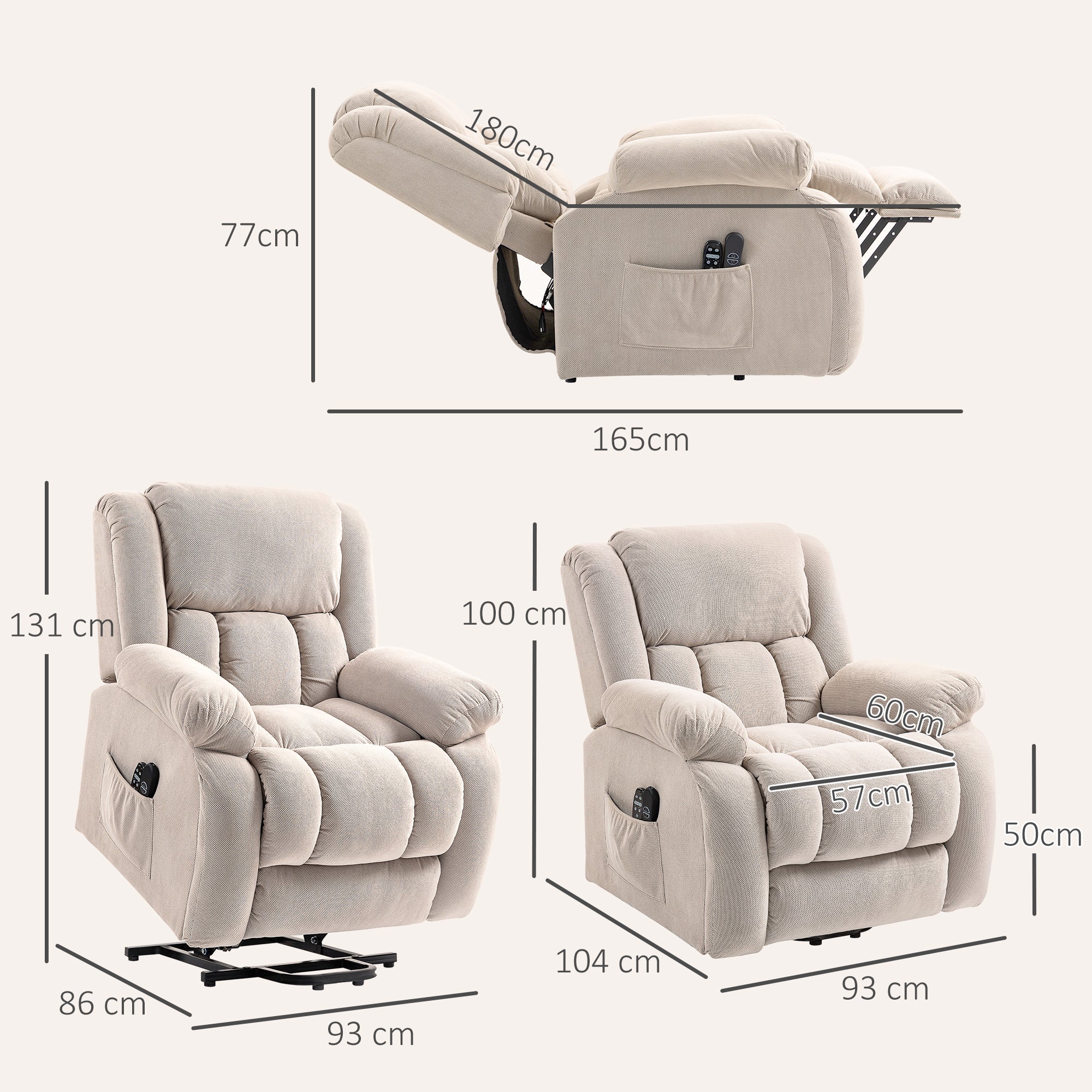 Fauteuil releveur électrique avec fonction massage et chauffage, fauteuil relax électrique avec dossier inclinable, ports USB, télécommande, repose-pied et poche latérale, beige
